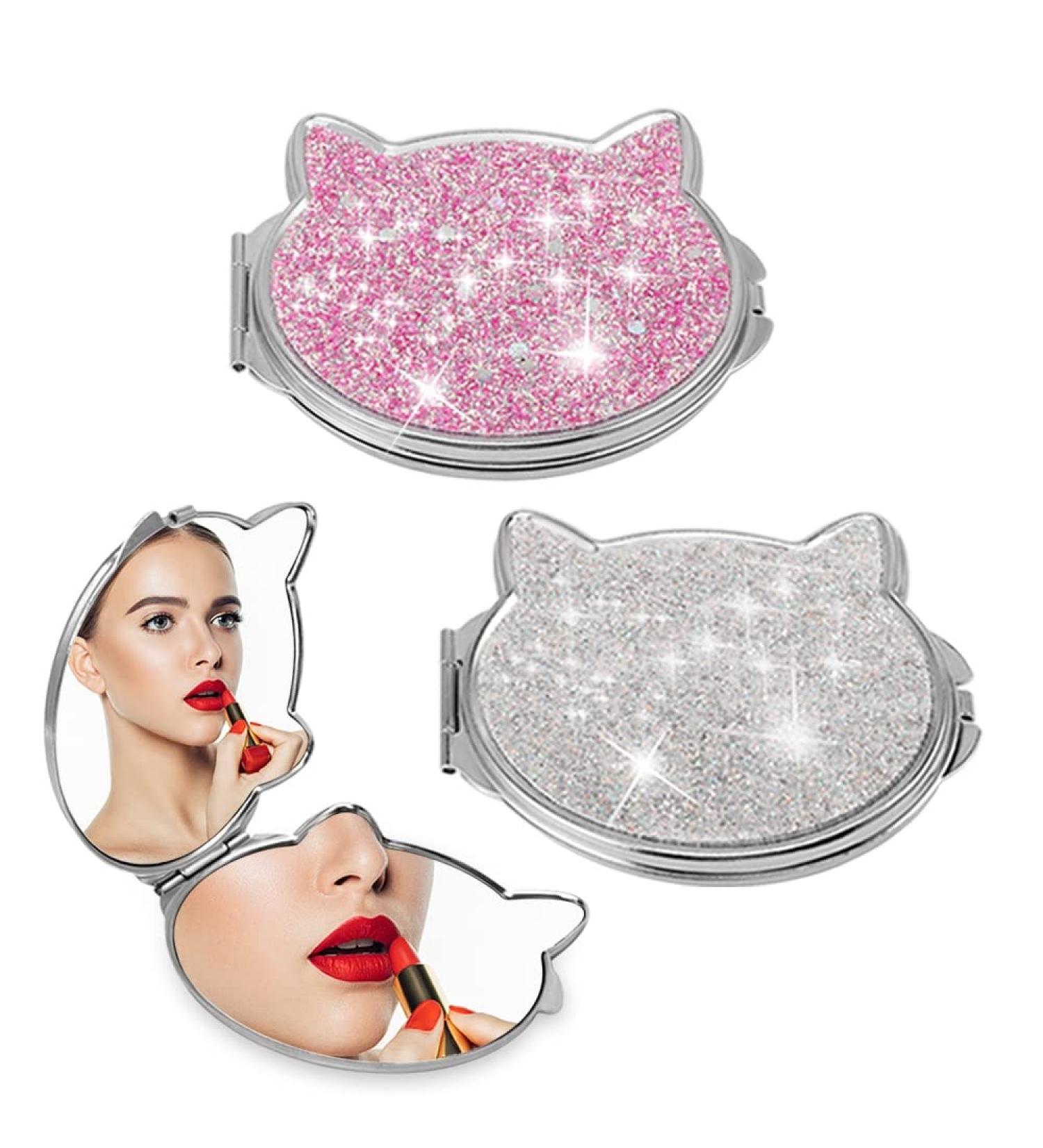 LucyPhy 2 Pcs Pocket Small Compact Mirror - Cute Kawaii Cat Design - Double Sided 2X 1X Magnifying Makeup Mirror for Women, Girls, Kids - Pink+Silver - Buy Online on GoSupps.com