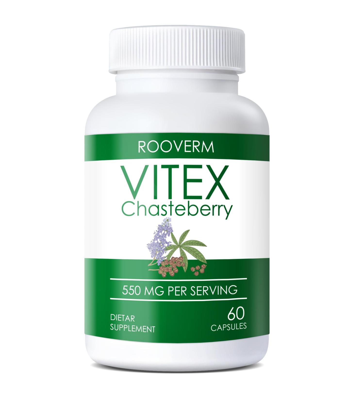 ROOVERM 550mg Organic Chaste Tree Extract - Vitex Agnus Castus Fruit Herbal Supplement for Women Non-GMO Gluten-Free - 60 Capsules