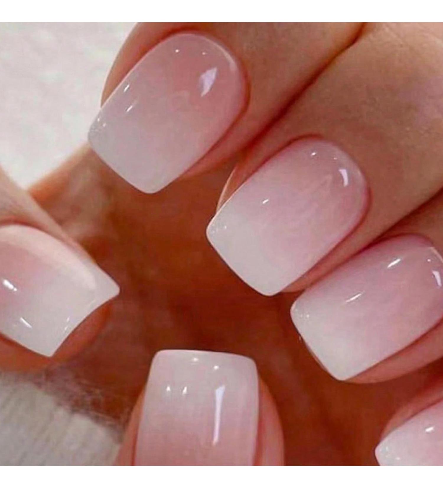 Ombre Press on Nails - Short Square Full Cover Acrylic Gradient White French Tip - 24 Pcs Nude & Pink Glue-On Nails for Women - Perfect Manicure Set - Buy Online on GoSupps.com