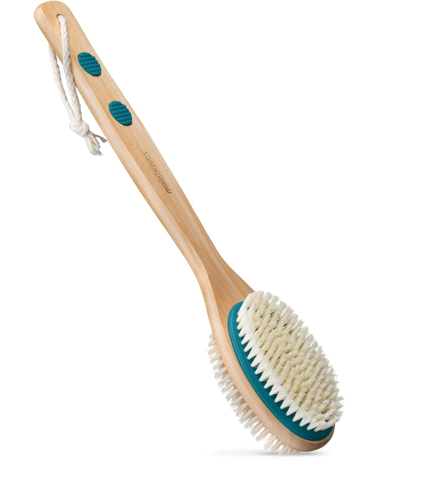 MainBasics Dual-Sided Bath Shower Brush - Long Handle Back Scrubber & Body Exfoliator in Teal - Buy Online on GoSupps.com
