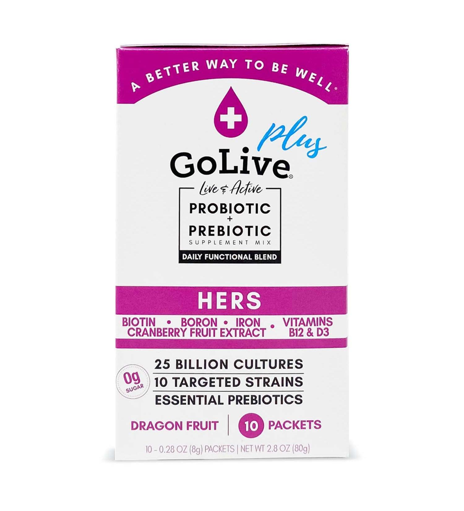 GoLive Probiotic for Women Sugar-Free Synbiotic Powder with Prebiotics, Cranberry, Biotin, B12 & D3-25 Billion CFUs, 10 Clinical Strains Supports Vaginal, Digestive, UT & Immune Health