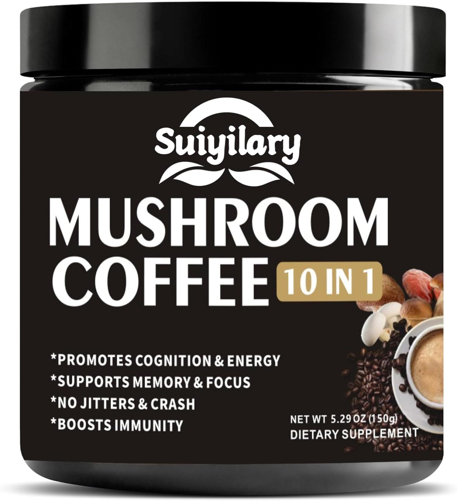Suiyilary Mushroom Coffee 10 Mushroom Extract Powder Blend Lion's Mane Brain Supplements with Instant Coffee for Energy 30 Serving - 5.29 Oz - Buy Online on GoSupps.com