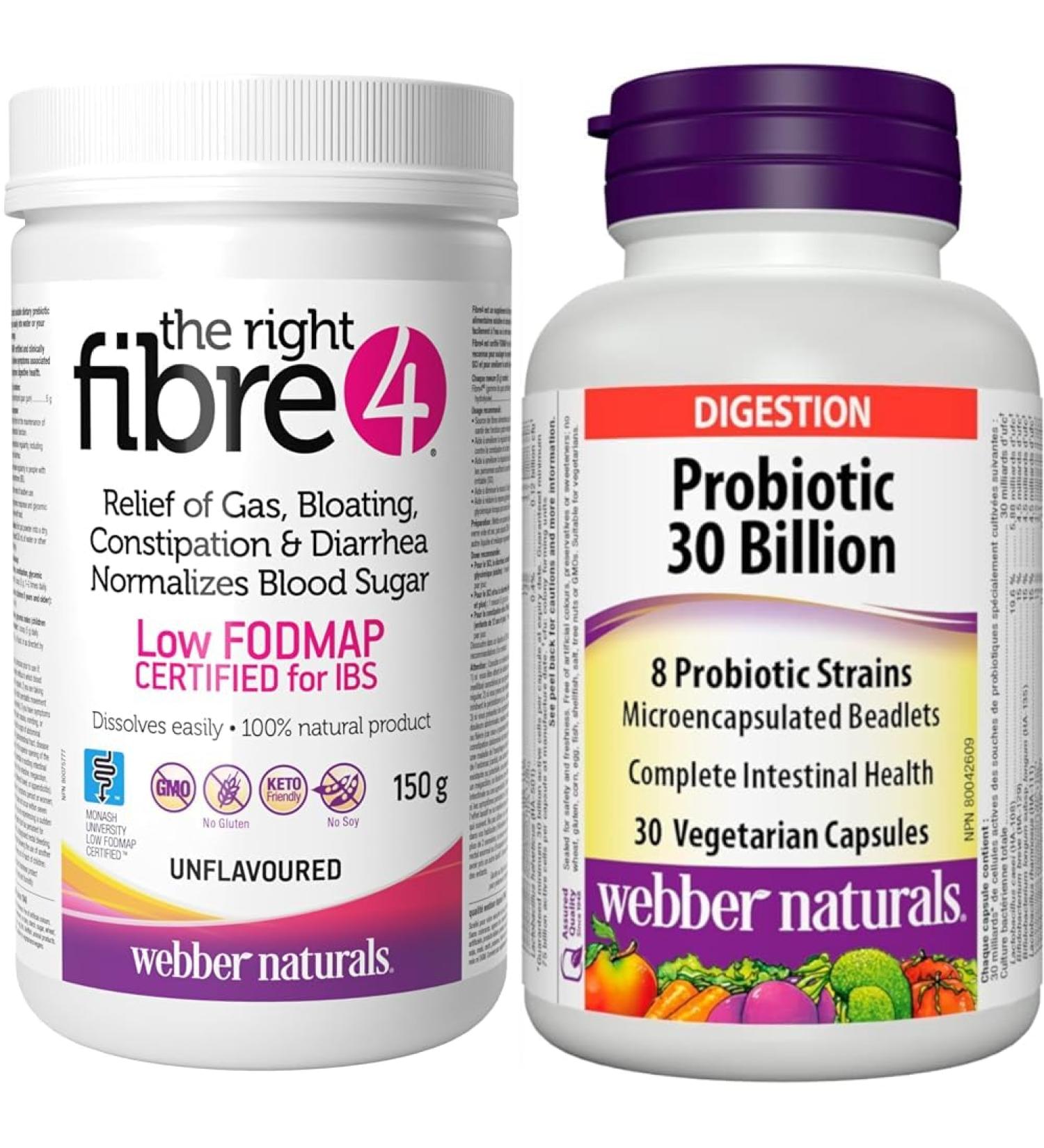 Webber Naturals The Right Fibre4 IBS Intestinal Discomfort 150 g Unflavoured 30 Servings Fibre & Probiotic 30 Billion Active Cells 8 Probiotic Strains 30 Capsules For Digestive - Buy Online on GoSupps.com