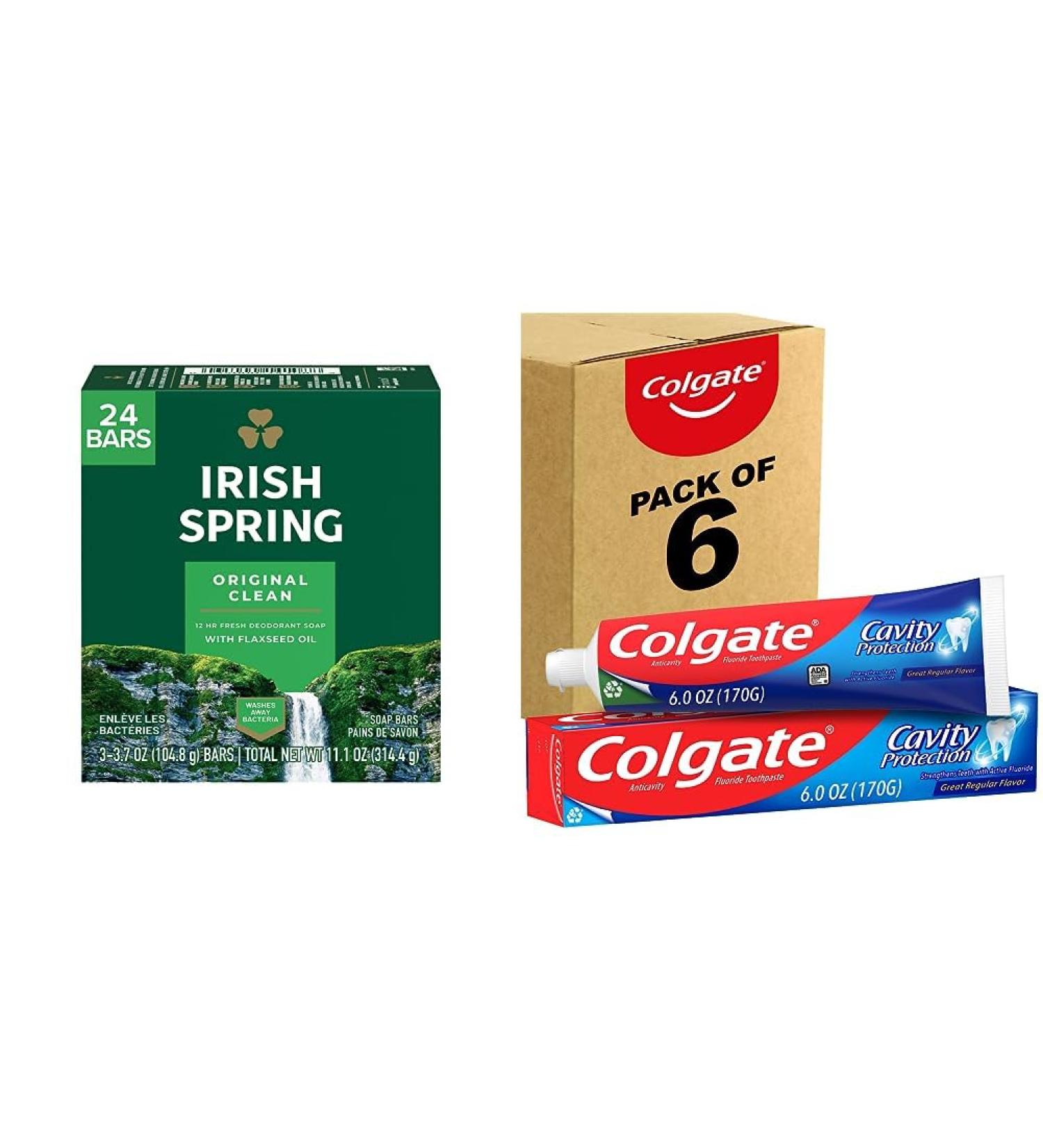 Irish Spring Bar Soap for Men Original Clean - 3 Count (Pack of 8) & Colgate Cavity Protection Toothpaste with Fluoride Great Regular Flavor 6 Ounce (Pack of 6)