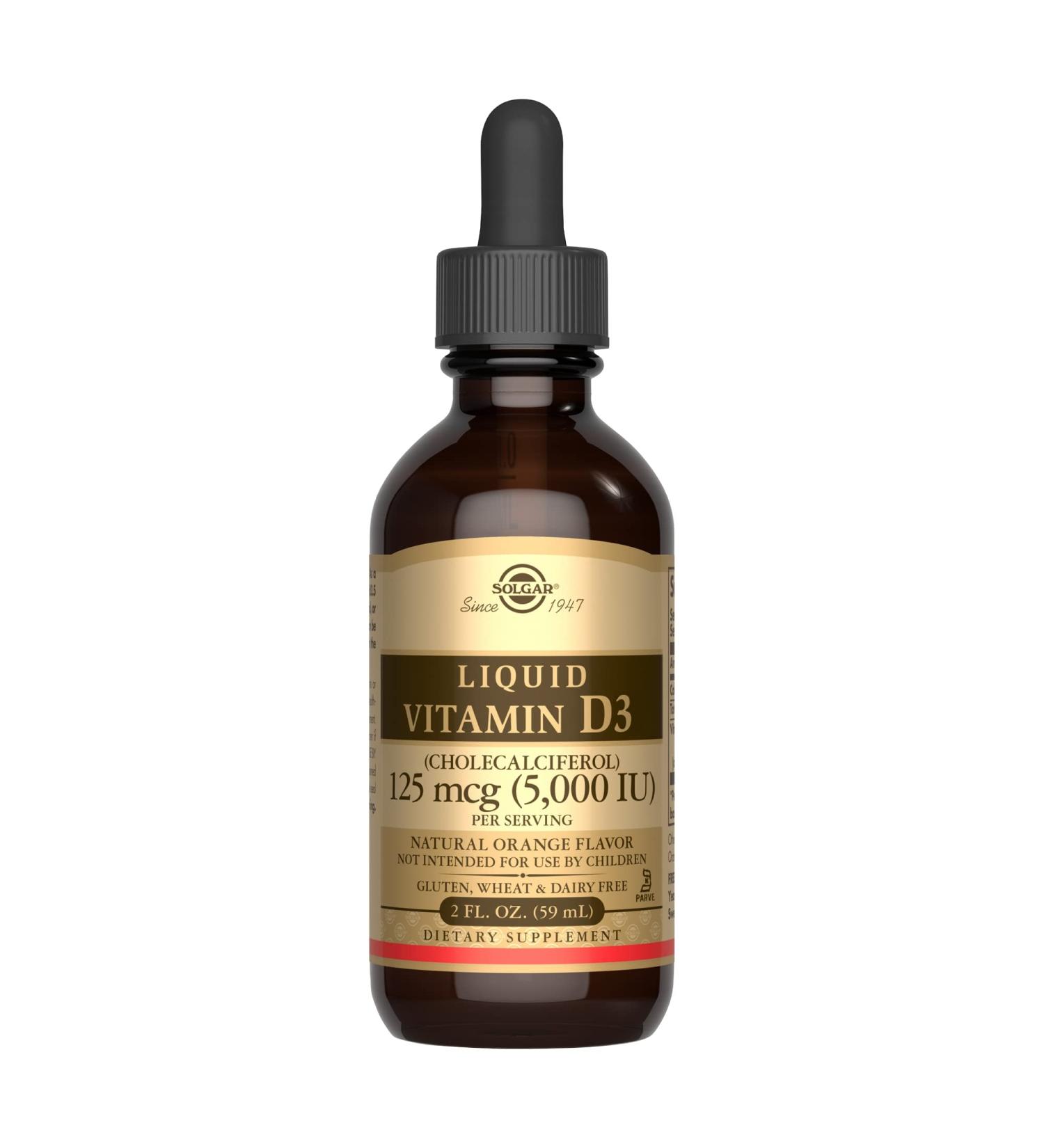 Solgar Liquid Vitamin D3 125 mcg (5,000 IU) - 2 fl oz | Natural Orange Flavor | Supports Bone Health & Immune System - 59 Servings - Buy Online on GoSupps.com