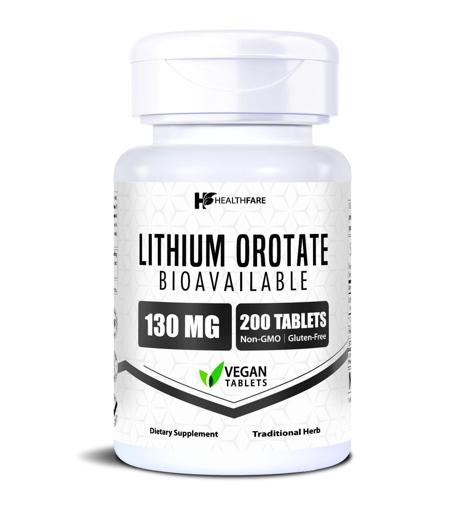 HealthFare Lithium Orotate Supplement 130mg | 200 Vegetarian Tablets | High Bioavailability Trace Mineral | Mood Brain & Memory Support | Non-GMO Gluten-Free | Made in USA - Buy Online on GoSupps.com