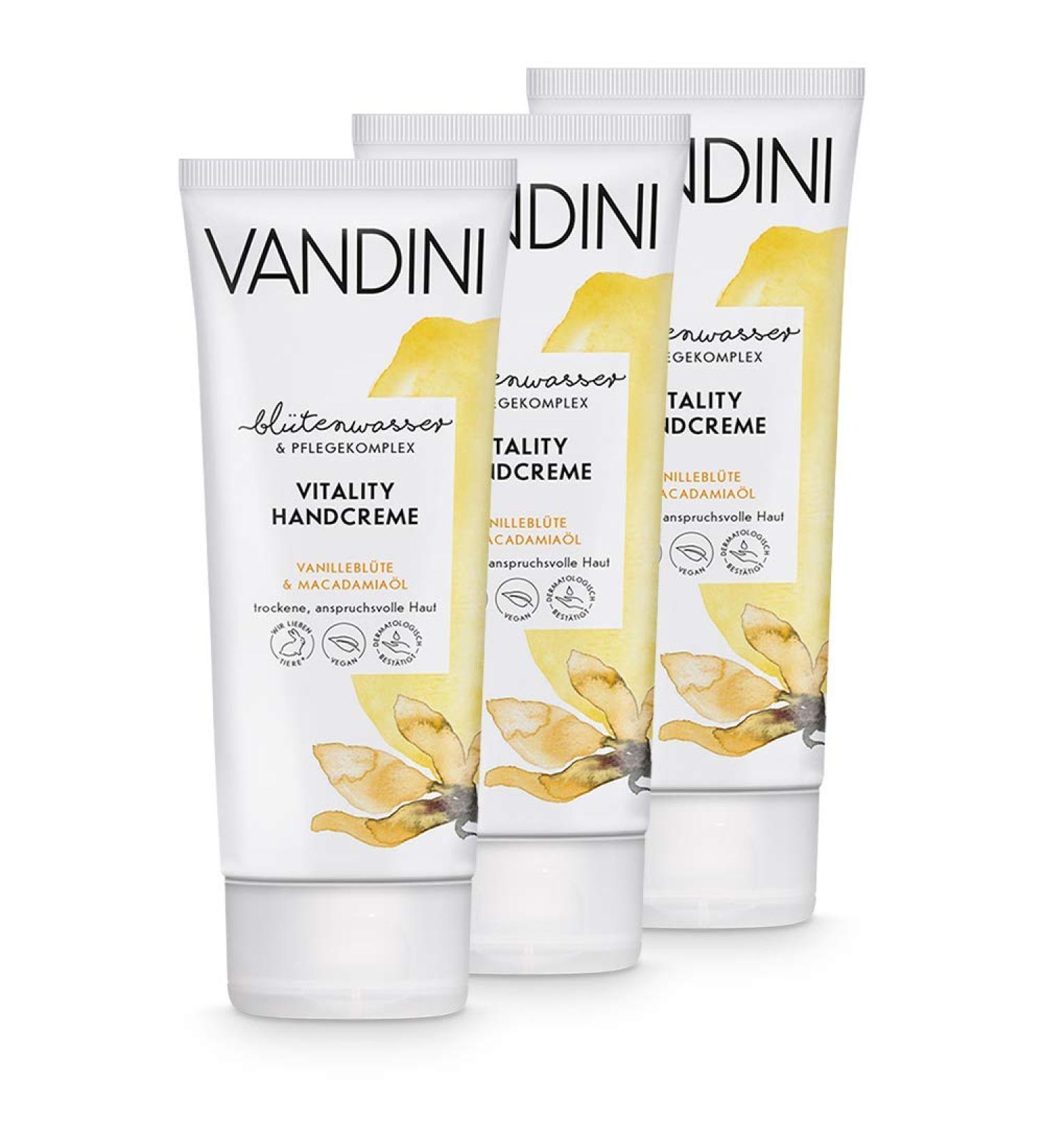 Vandini Vitality Hand Cream for Women - Vegan Intensive Moisturizer with Vanilla Bloom & Macadamia Oil - 3x75ml - Paraben & Silicone Free Ideal for Dry Skin - Buy Online on GoSupps.com