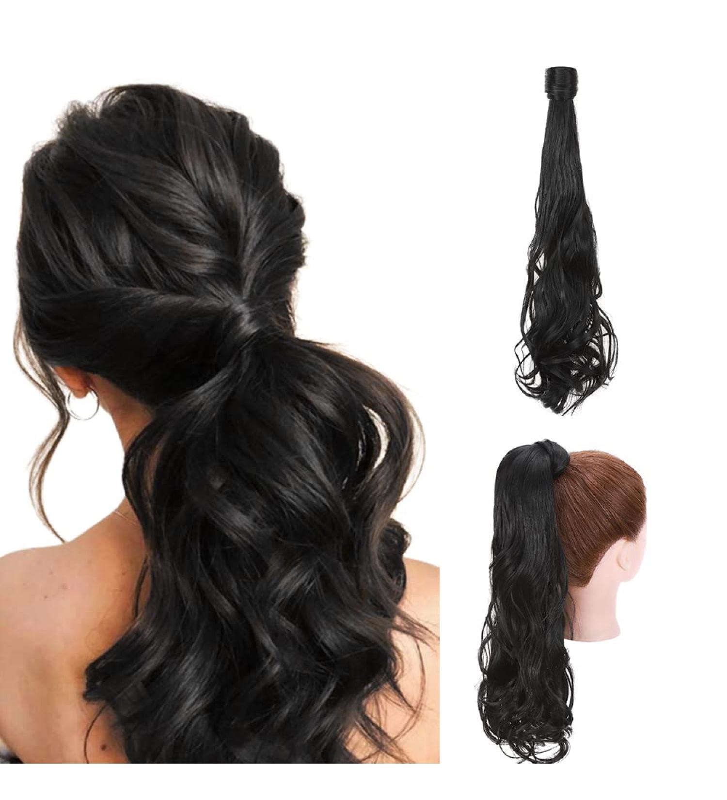 Ponytail Extension Wrap Around Long Straight Curly Clip in Ponytail Hair Extensions for Women Brown Black Blonde Hairpiece 24"-Curly Dark Black - Buy Online on GoSupps.com