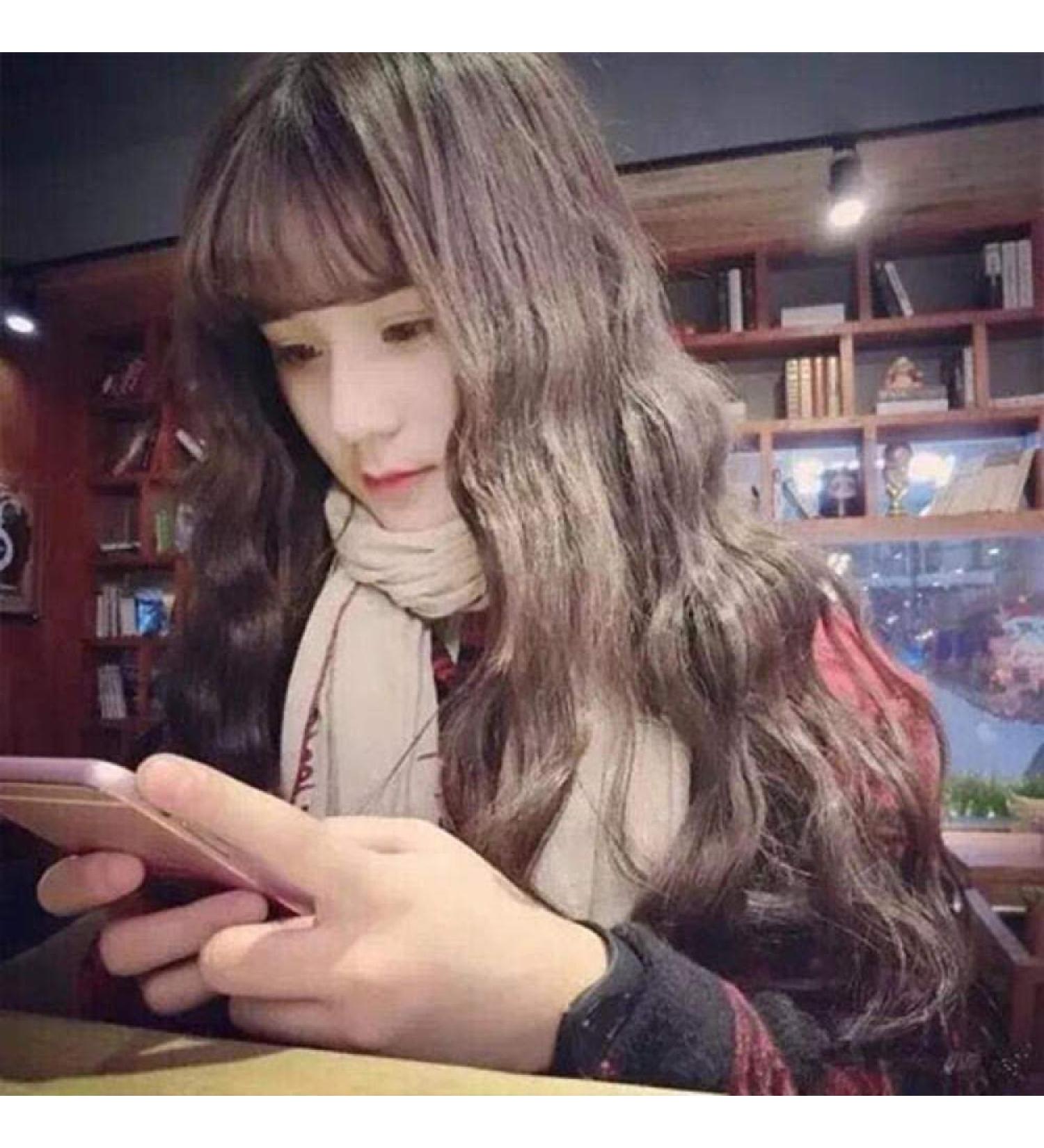 Shop Korean Fashion Long Curly Hair Wig with Bangs - Light Pink Hot Water Ripple Style for Women - Buy Online on GoSupps.com