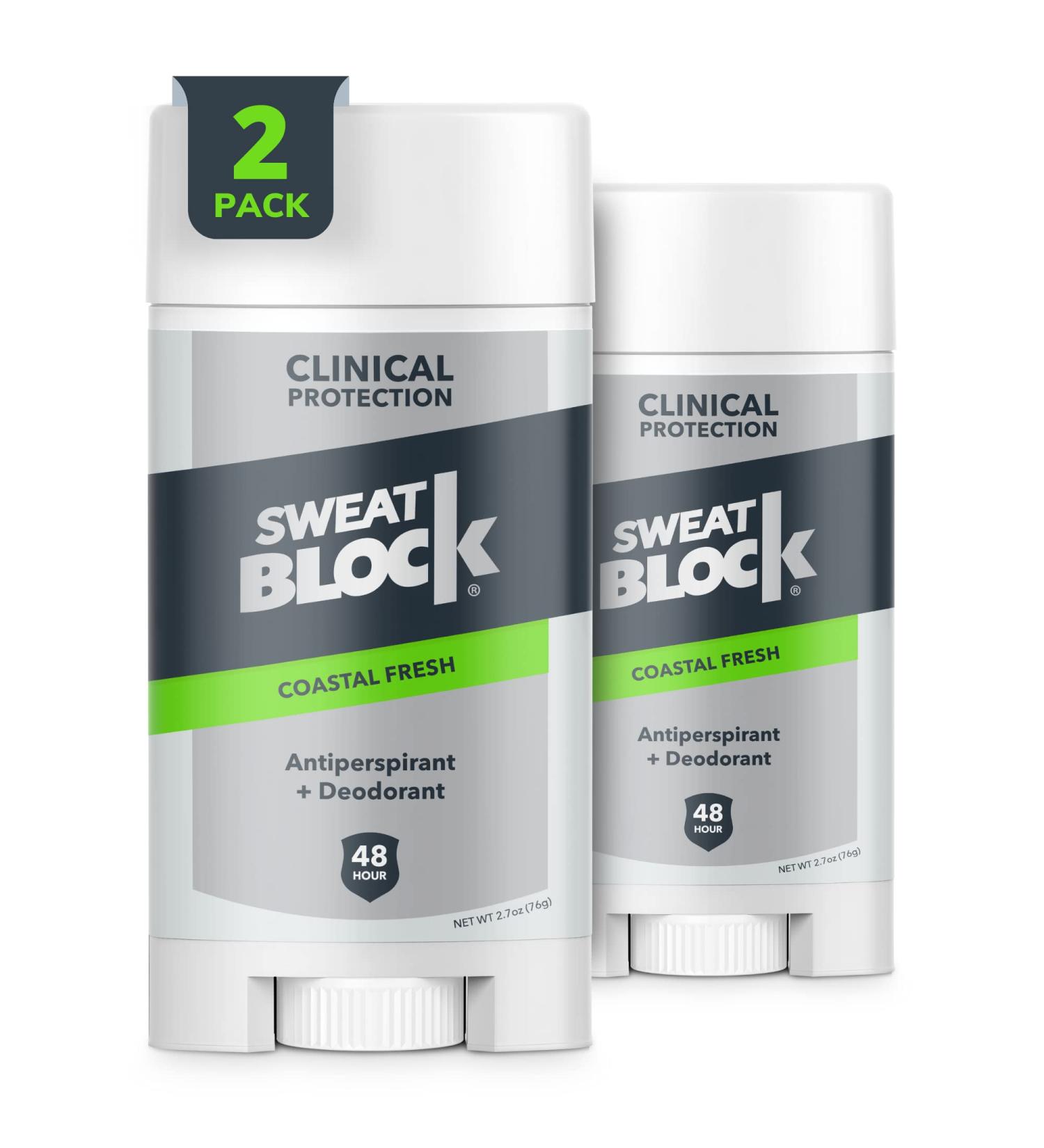 SweatBlock AM Deodorant Antiperspirant - Daily Protection for Men & Women | Coastal Fresh 2.7oz Stick (2 Pack) - Buy Online on GoSupps.com
