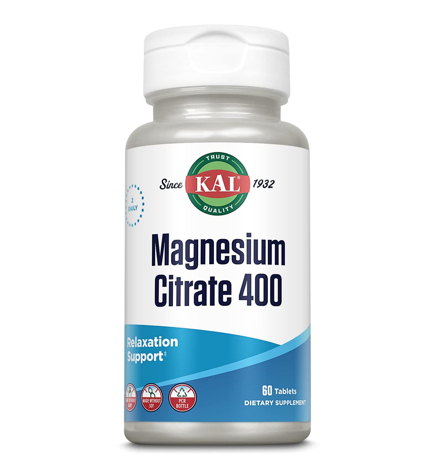 KAL Magnesium Citrate 400mg Supplement for Muscle Function & Nerve Support - 60 Tablets - Buy Online on GoSupps.com