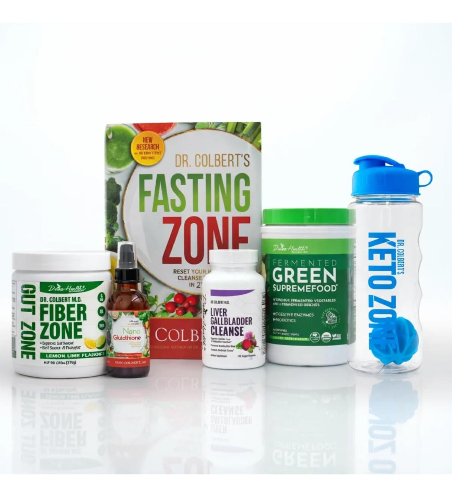Divine Health Dr. Colbert MD Detox Starter Pack Green Supremefood | Fiber Zone (Lemon-Lime) | Liver Gallbladder Cleanse | Nano Glutathione Drops | Fasting Zone Book | Shaker Bottle (Lemon-Lime)