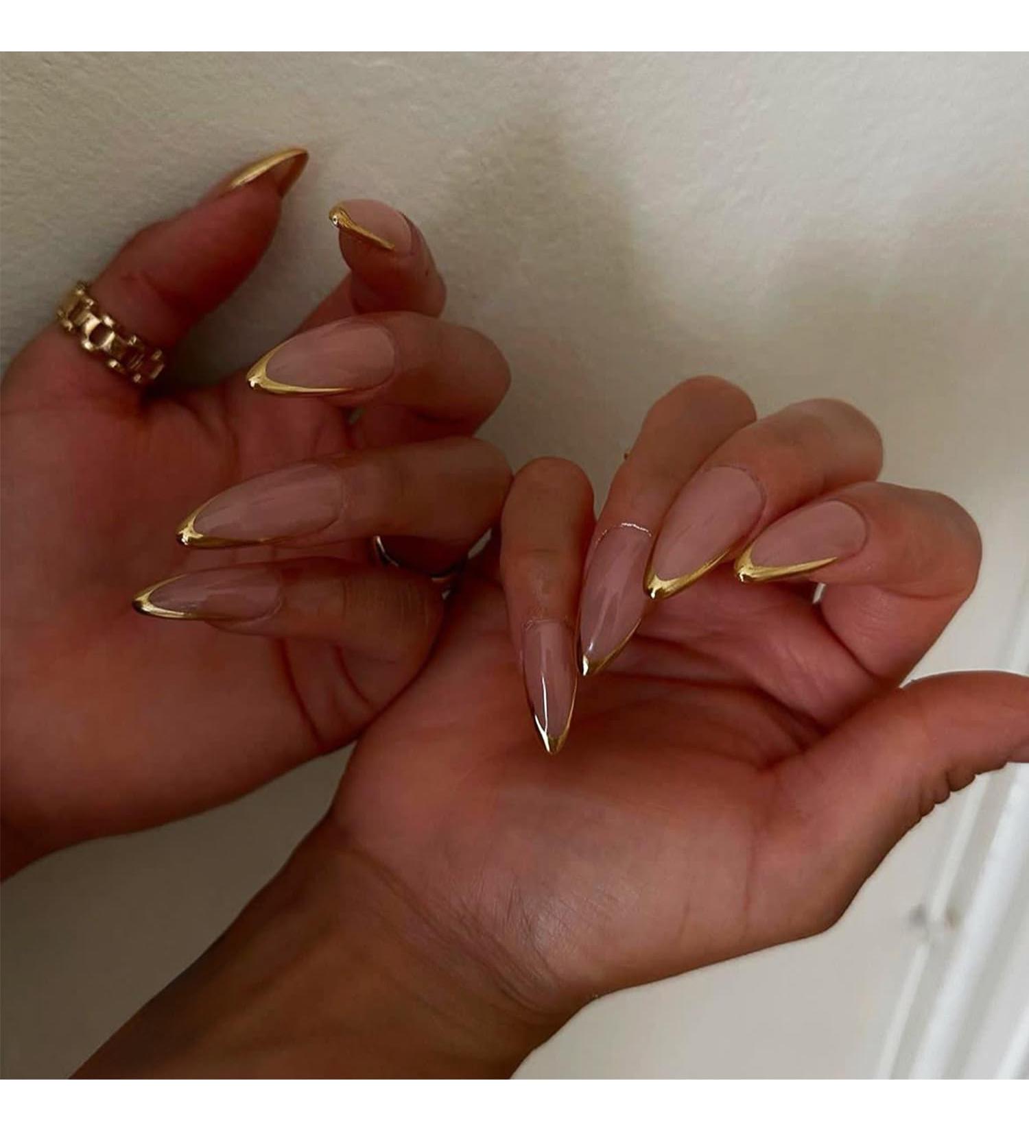 Buy French Tips Press on Nails | Stiletto Designs | Nude Sparkly Full Cover Acrylic | Glossy Gold Glitter | Medium Almond Shape | Easy Application with Glue | Shop Golden Guardian Online - Buy Online on GoSupps.com
