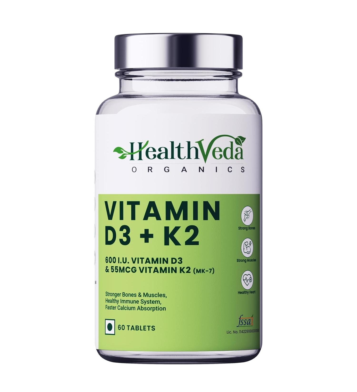 Organics Vitamin D3 (600 IU) + Vitamin K2 as MK7 Supplement (55mcg) | 60 Veg Tablets | Supports Healthy Bones Boosts Immune System & Joint Health | for Men & Women - Buy Online on GoSupps.com