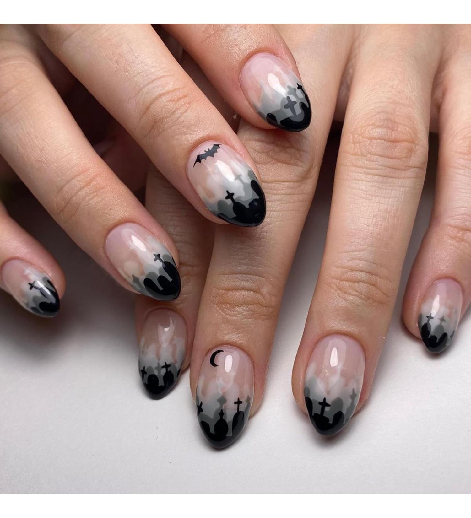 24Pcs Halloween Press On Nails - Pink Almond Acrylic with Ghost Pumpkin & Flame Designs | Full Cover Fake Nails for Men & Women | Halloween Manicure Set - Buy Online on GoSupps.com
