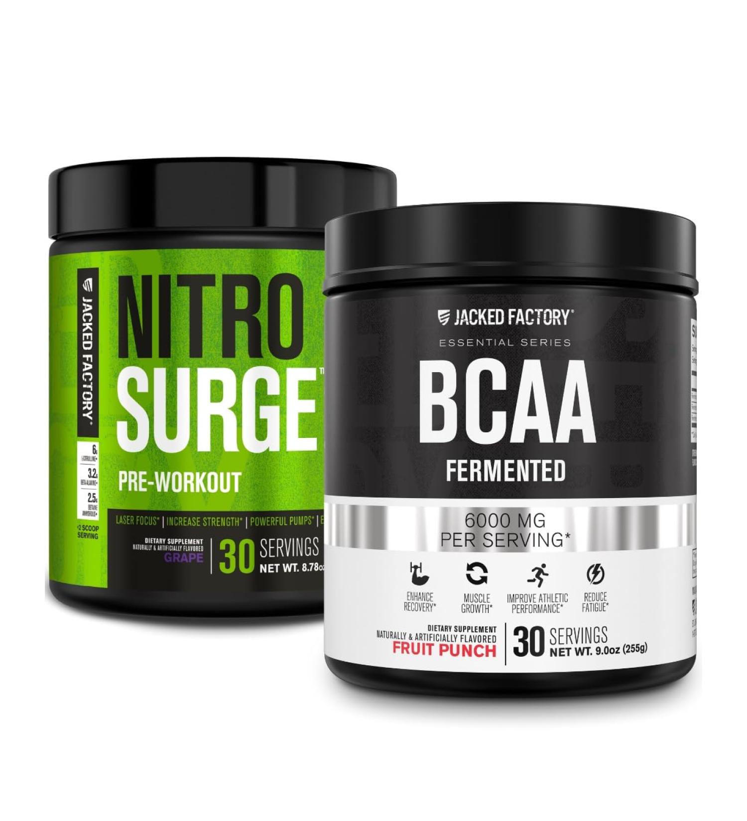 Jacked Factory Nitrosurge Pre-Workout in Grape & BCAA in Fruit Punch for Muscle Building and Recovery - Buy Online on GoSupps.com