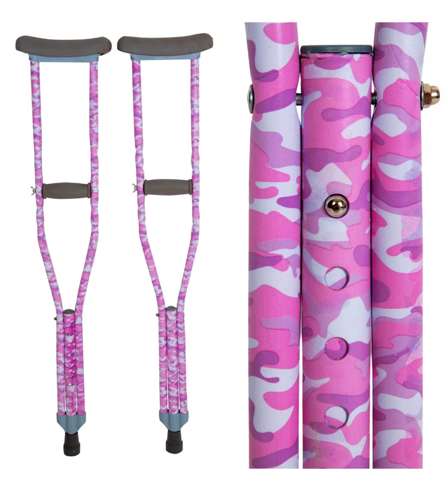 Adjustable Pink CAMO Youth Crutches for KidsTeensAdults - Lightweight Aluminum, Underarm Padding - Fits Heights 4'5-5'2 - Buy Online on GoSupps.com