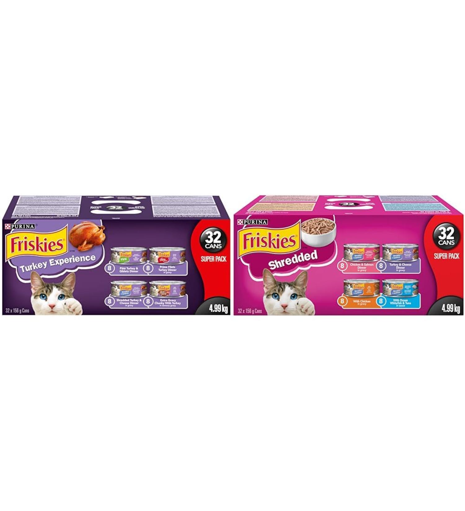 Purina Friskies Turkey Experience Wet Cat Food Super Pack 32 x 156g Cans Brown (44338) & Shredded Wet Cat Food Poultry & Fish Combo Variety Pack 4 Flavours - 156 g Can (32 Pack) Cat Food + Cat Food 32 Pack - Buy Online on GoSupps.com