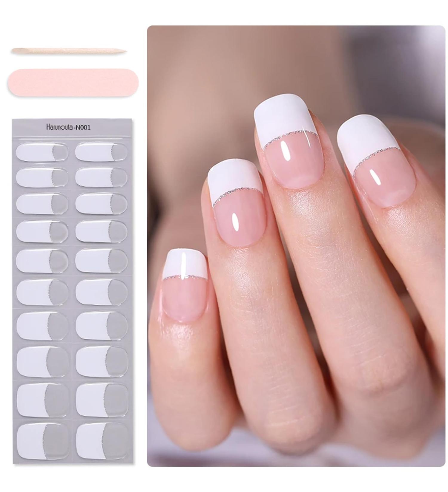 DMQ Semi Cured Gel Nails Strips - 20 Stickers Nail Wraps Soft Self-Adhesive Gel Nail Stickers French Gel Nail Strips for Nails French Tip Manicure Nail Wraps (UV/LED Lamp Required) - Buy Online on GoSupps.com