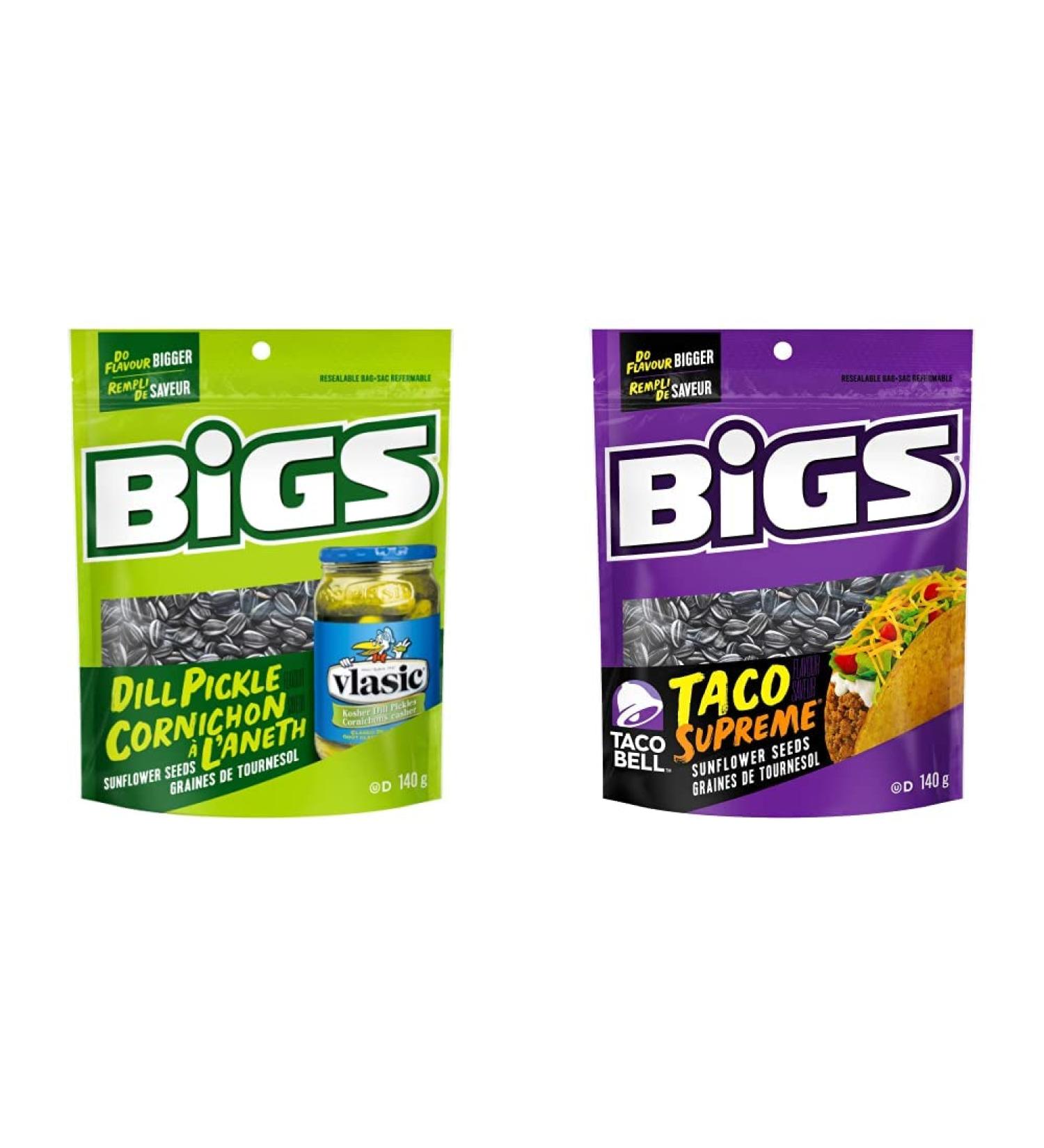Bigs Sunflower Seeds Dill Pickle Flavour - 8x140g Bags 8 Count & Taco Supreme Flavour Sunflower Seeds 140 grams Sunflower Seeds + Sunflower Seeds 140 grams - Buy Online on GoSupps.com