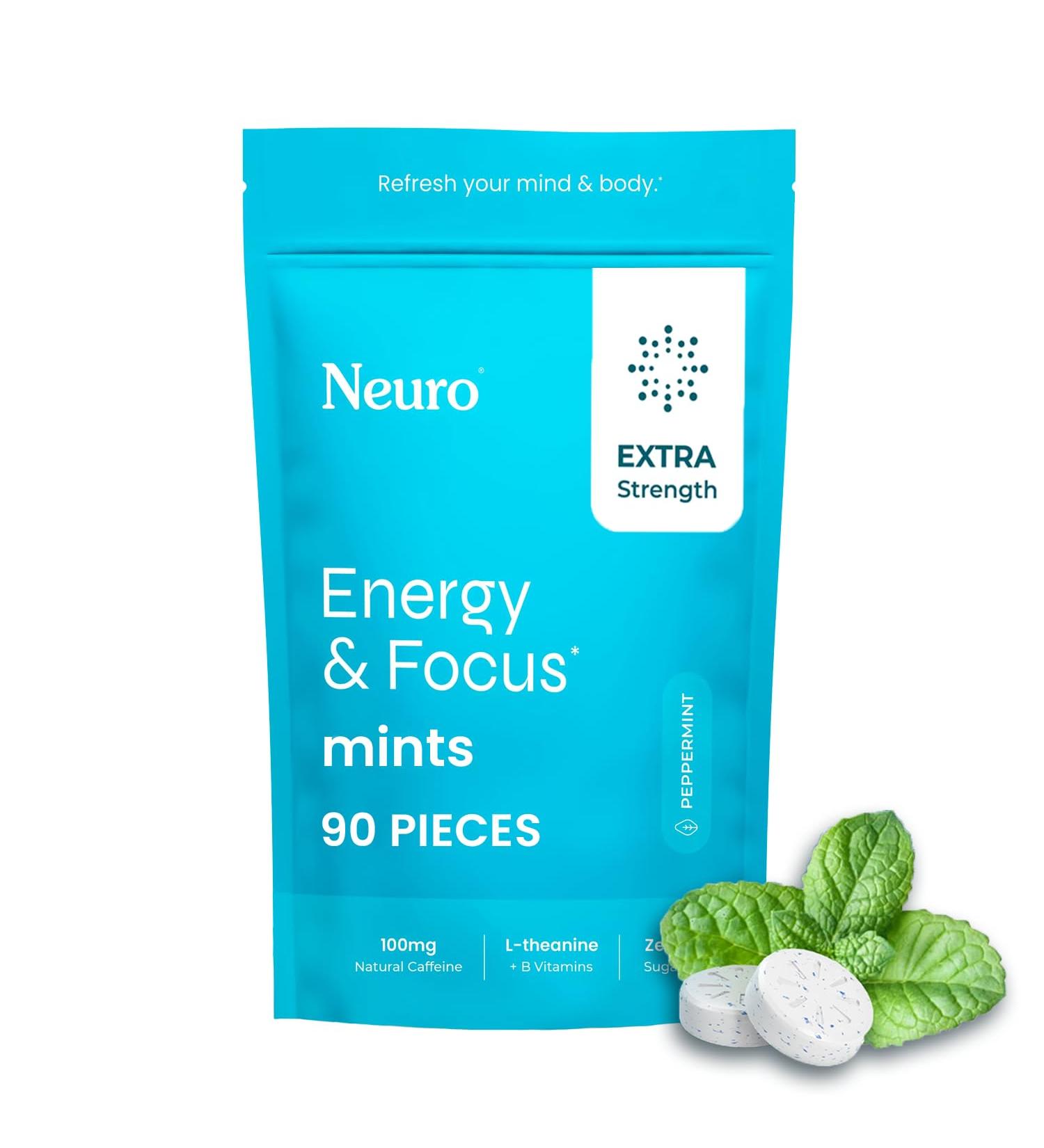 Neuro Energy & Focus Mints Extra Strength - Sugar Free Breath Mints with 100mg Natural Caffeine B Vitamins & L-Theanine - Vegan Brain Supplement for Exercise Study & Daily Focus - Peppermint 90 ct 90 Count (Pack of 1) P  - Buy Online on GoSupps.com