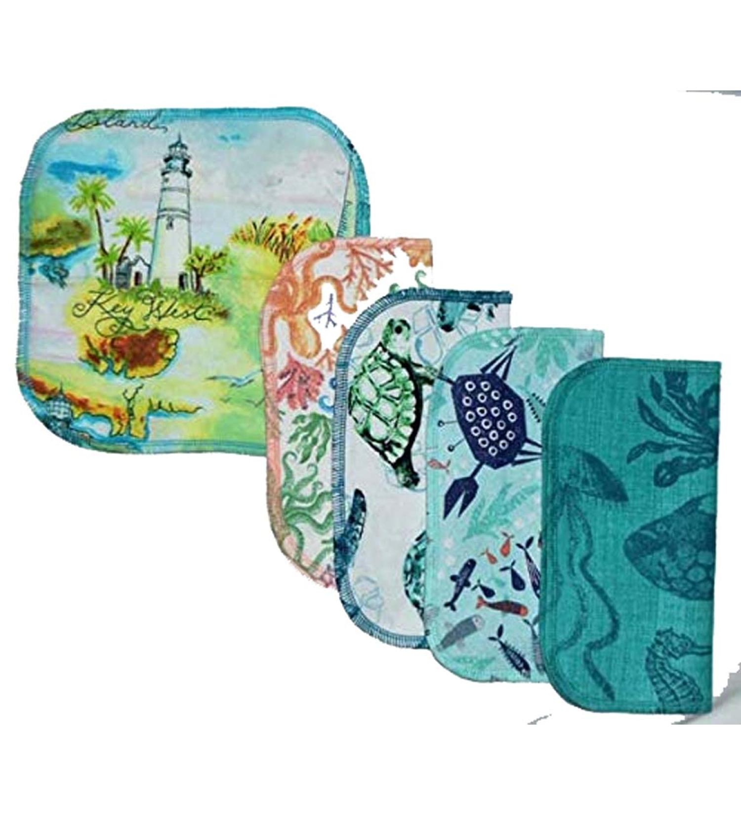 Sea Lovers Set of 5 2 Ply Printed Flannel 8x8 Inches - Coastal-inspired Cleaning Cloths - Buy Online on GoSupps.com