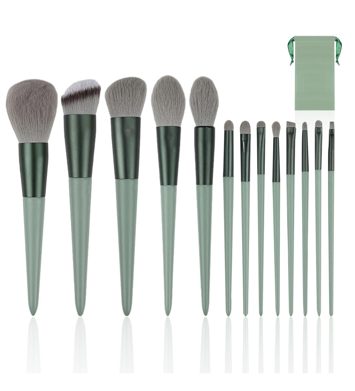 13 Makeup Brushes 1 Velvet Bag Professional Makeup Brush Set High-Grade Synthetic Bristles Soft-Bristled Beauty Tools for Makeup and Beauty (Green) - Buy Online on GoSupps.com
