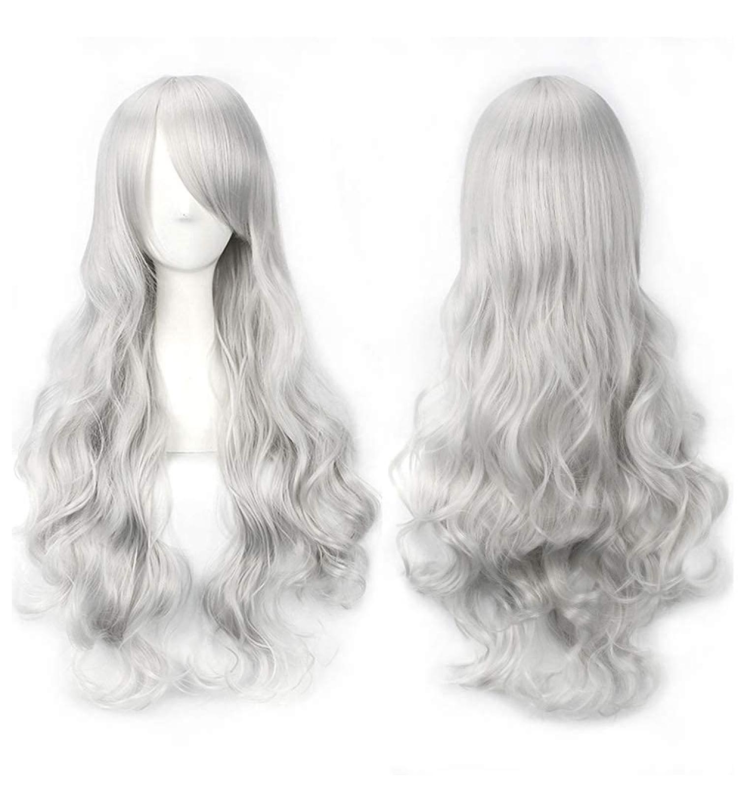 YEESHEDO 32 Silver Grey Long Wavy Curly Cosplay Wig with Bangs - Heat Resistant Synthetic Hair for Women and Girls - Perfect for Party, Costume, Anime, Halloween - Buy Online on GoSupps.com