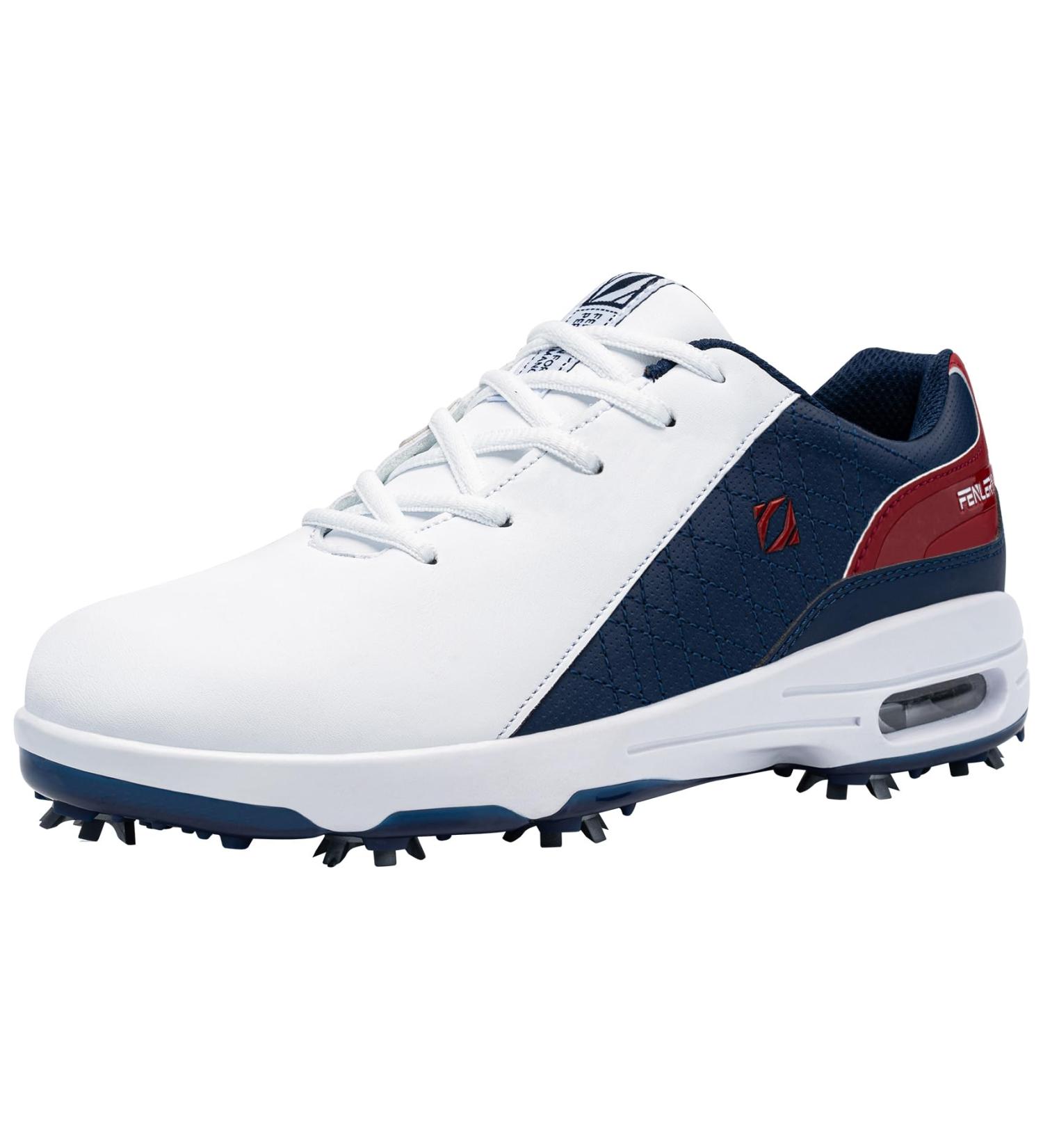 Fenlern Men's Golf Shoes - Lightweight Anti-Slip Outdoor Spiked Golf Shoes for Training (48 EU) - White & Dark Blue - Buy Online on GoSupps.com