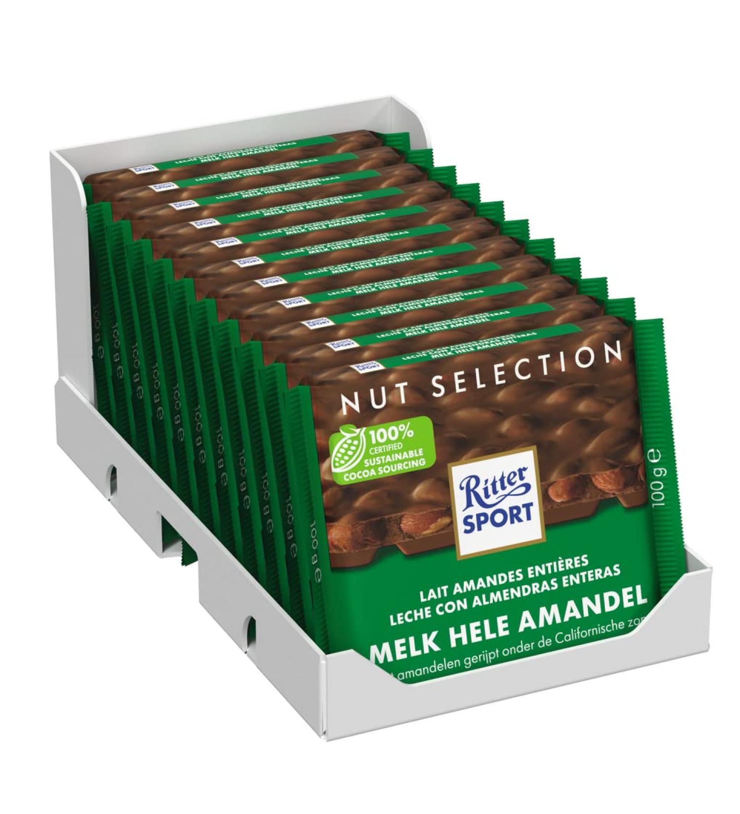 RITTER SPORT-Whole Almonds- 100 g bar Milk chocolate - Take it everywhere - Box of 11 bars - Buy Online on GoSupps.com
