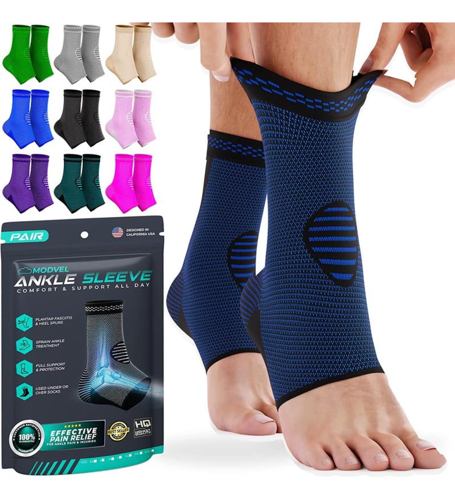 Modvel Foot & Ankle Brace Socks - Compression Sleeve for Sprains Tendonitis & Arthritis - Unisex Sports Support for Running - Blue/Black Medium - Buy Online on GoSupps.com