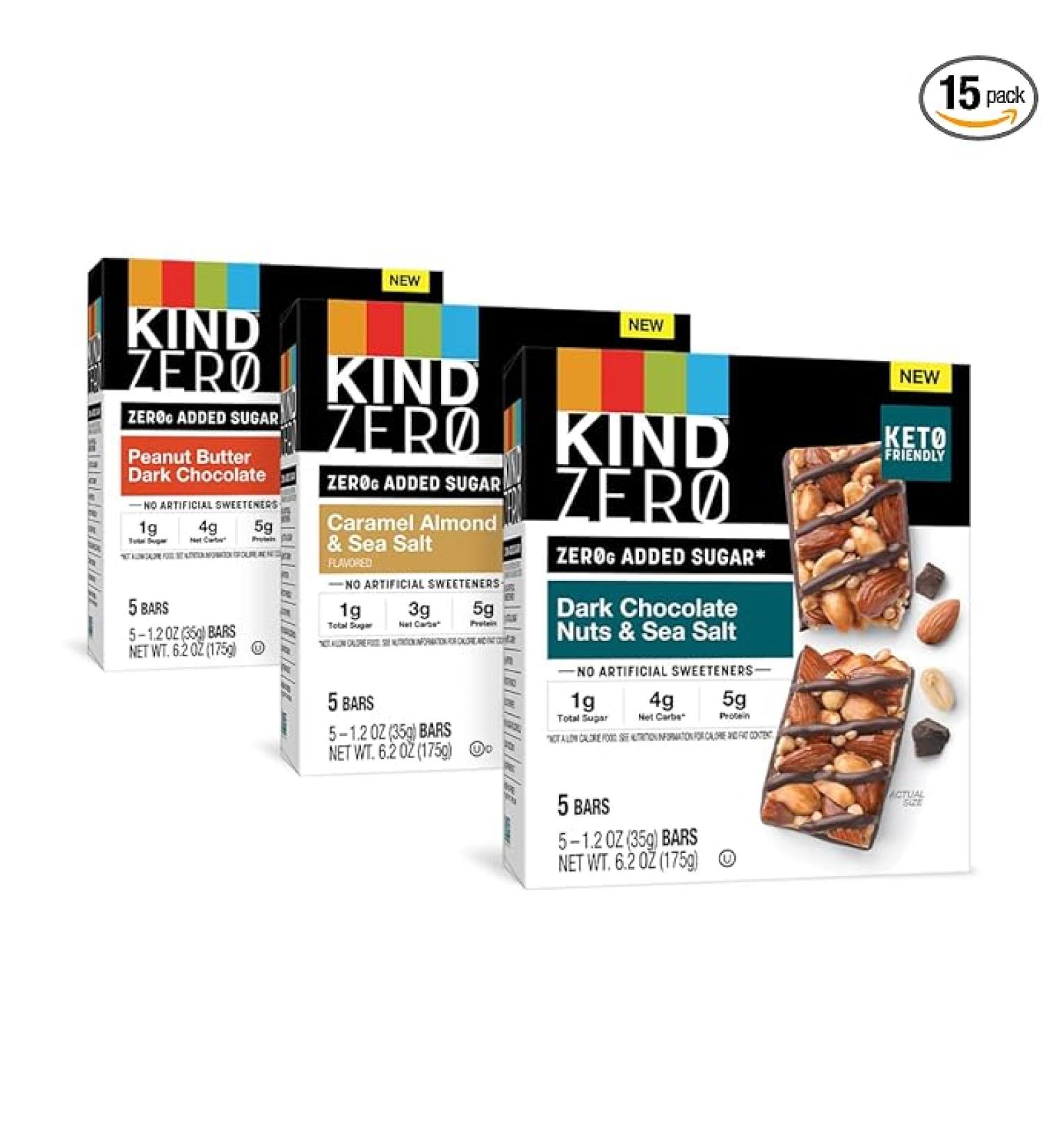 KIND ZERO Added Sugar Bars Keto Friendly Snacks Variety Pack 6.2oz Box (15 Bars) - Buy Online on GoSupps.com