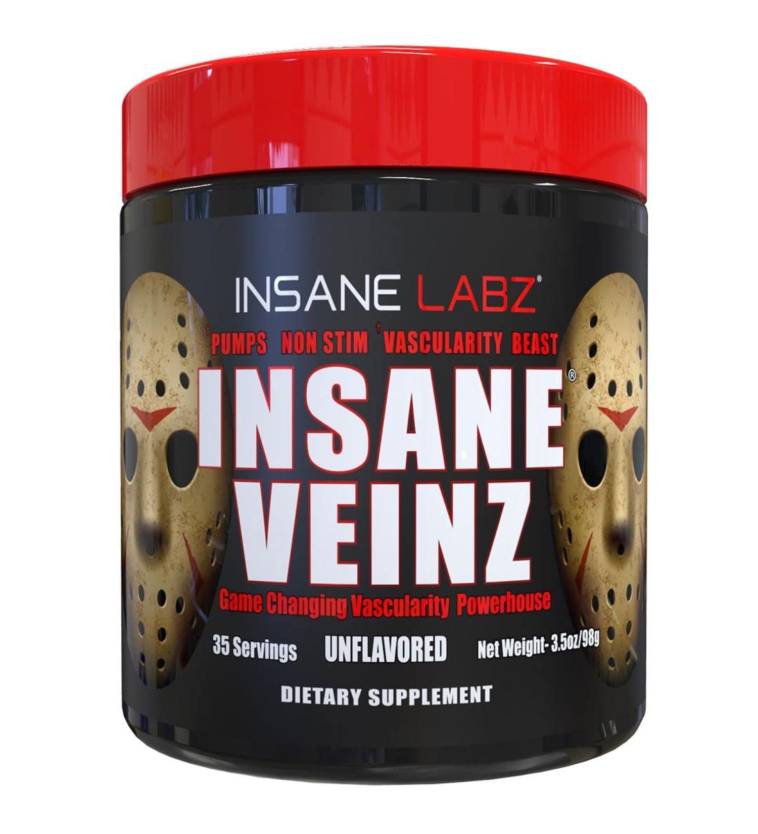 Insane Labz Insane Veinz Non Stimulant NO Enhancing Powder, Nitric Oxide Booster, Loaded with Agmatine Sulfate and Betaine Anhydrous, Increase Vascularity, 35 Srvgs Unflavored - Buy Online on GoSupps.com