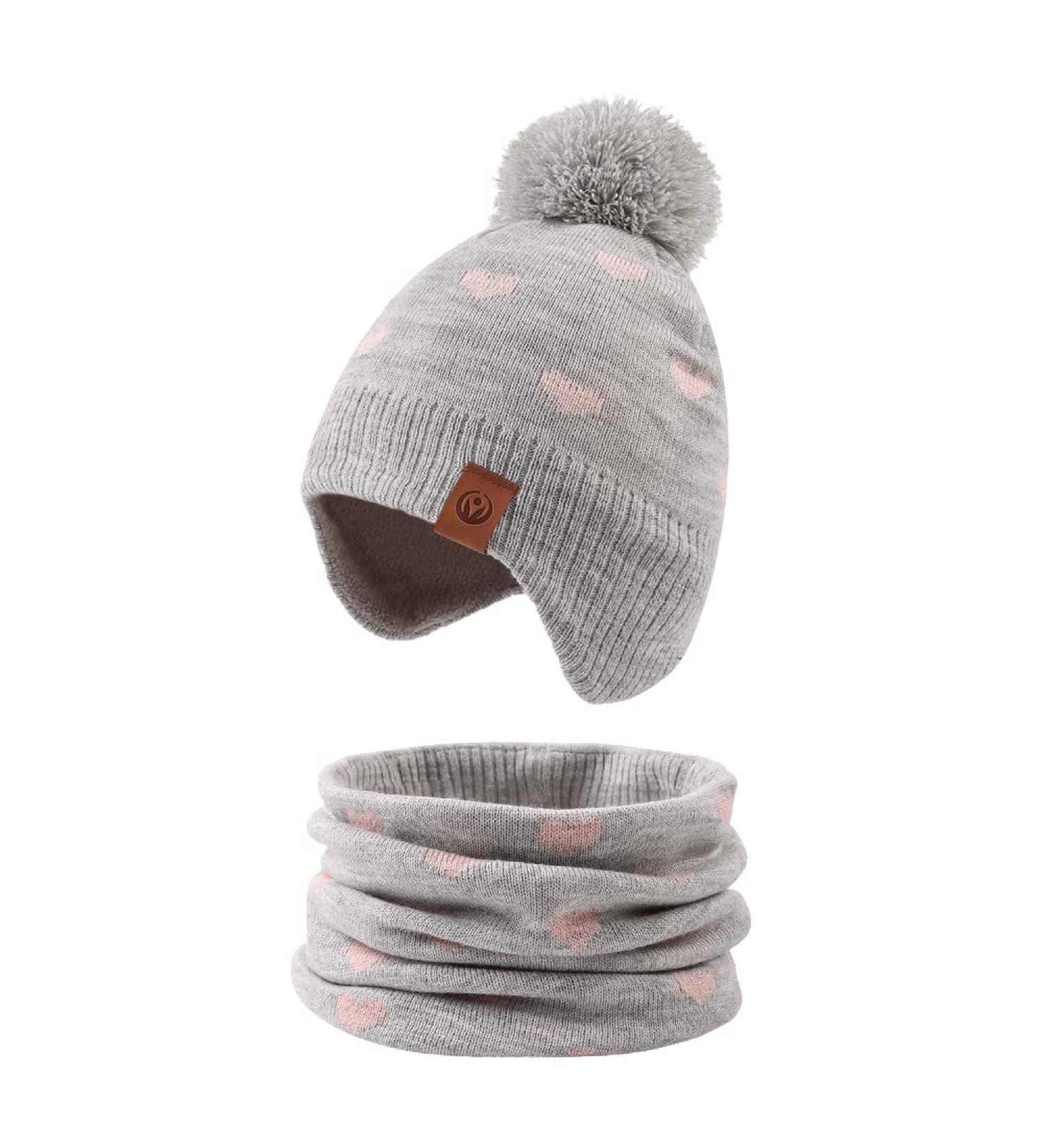 XIAOHAWANG Knitted Baby Hat with Fleece Lining, Pompom & Scarf - Gray, 4-7 Years - Buy Online on GoSupps.com