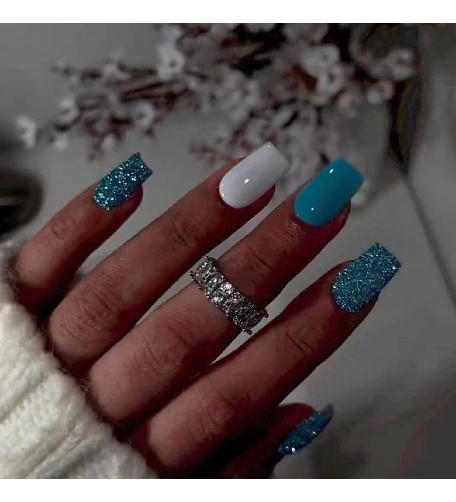 MISUD Short Square Press on Nails - Glossy Summer Blue Acrylic Nails | 24 pcs Squoval DIY False Nails with Bling Glitter Design - Buy Online on GoSupps.com