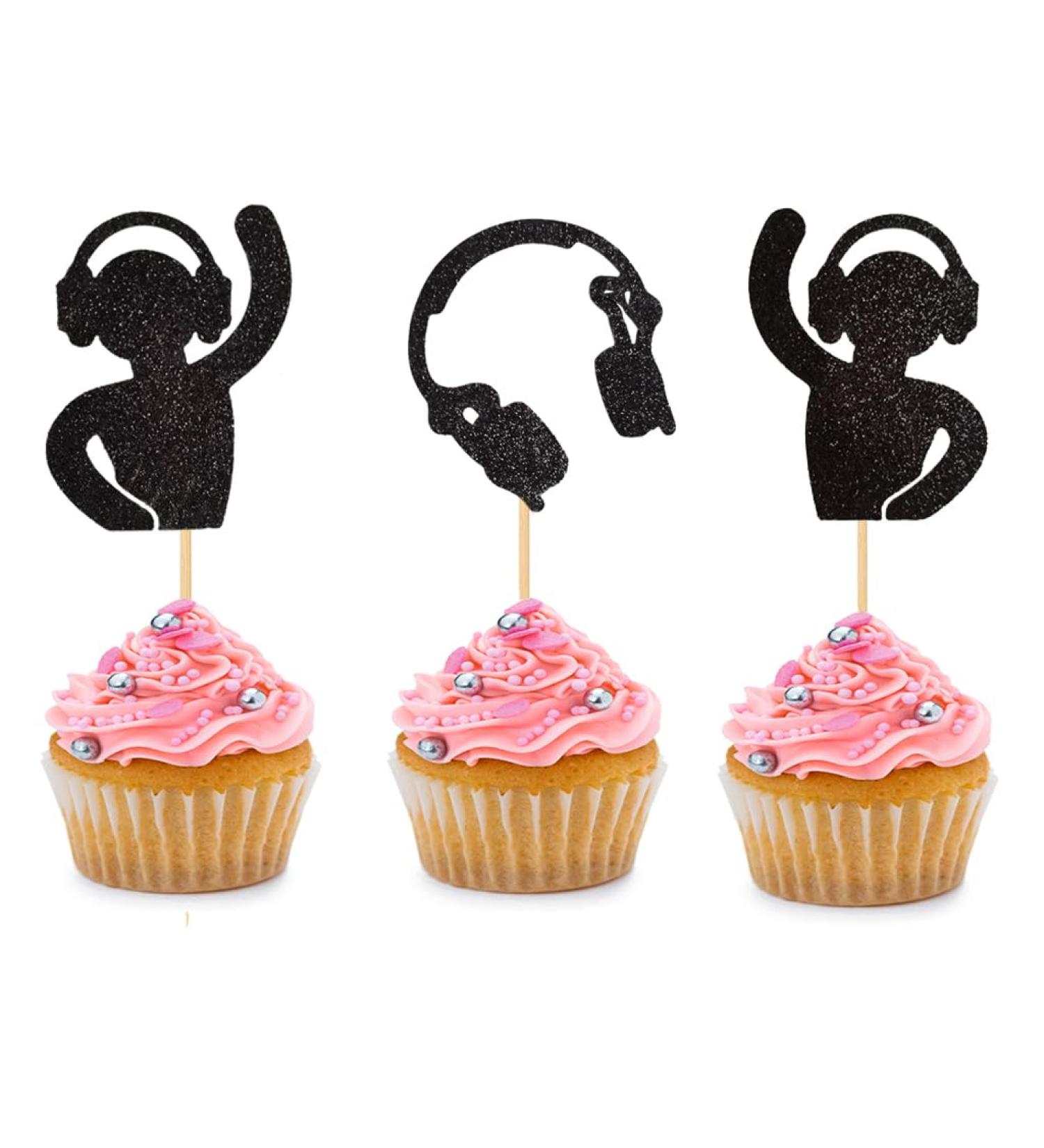 BoningNEW 24PCS DJ Earphone Disco Cupcake Topper for Music Theme Party Birthday Party Wedding Baby Shower Party Black Glitter Cake Decorations Picks Supplies - Buy Online on GoSupps.com