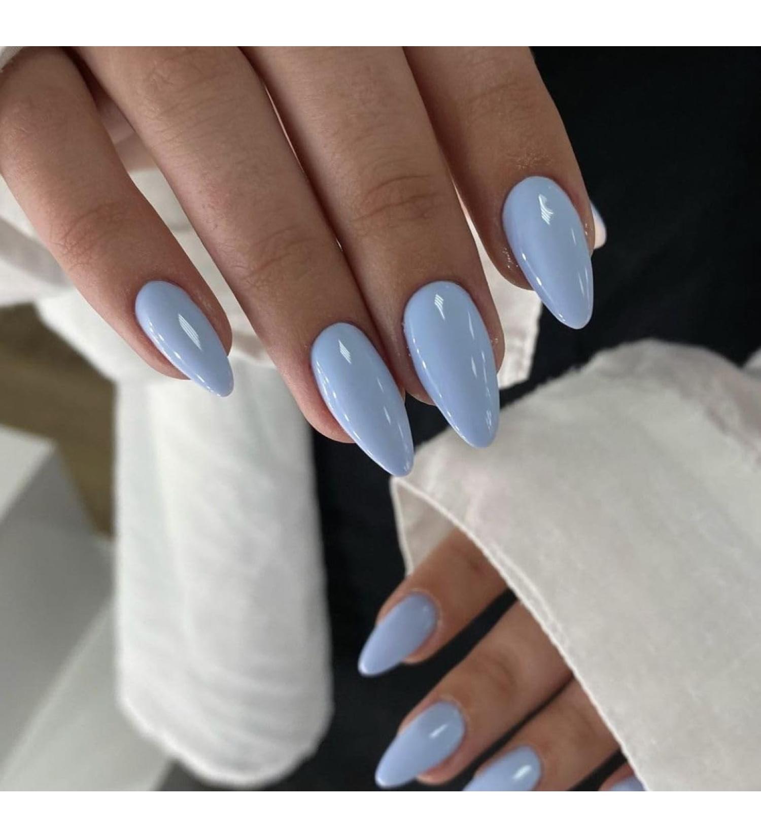 Light Blue Almond Press On Nails - 24PCS Glossy Fake Nails for Women & Girls - Solid Color Stick On Nails for Daily Wear - Buy Online on GoSupps.com