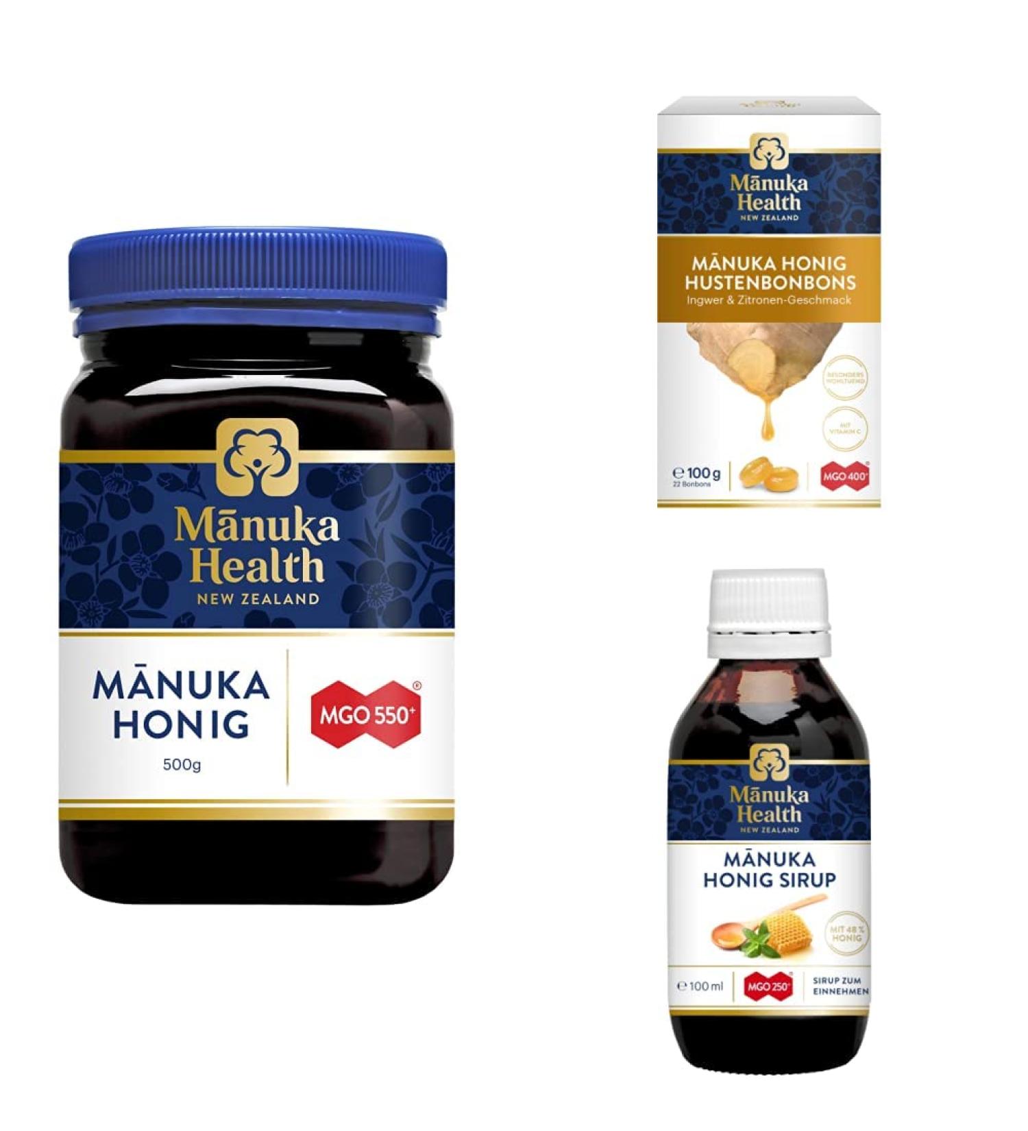 Buy Manuka Health MGO 550+ Honey MGO 400+ Ginger Lemon Lozenges & MGO 250+ Honey Syrup - Premium NZ Manuka Products for Immune Support | International Shipping - Buy Online on GoSupps.com