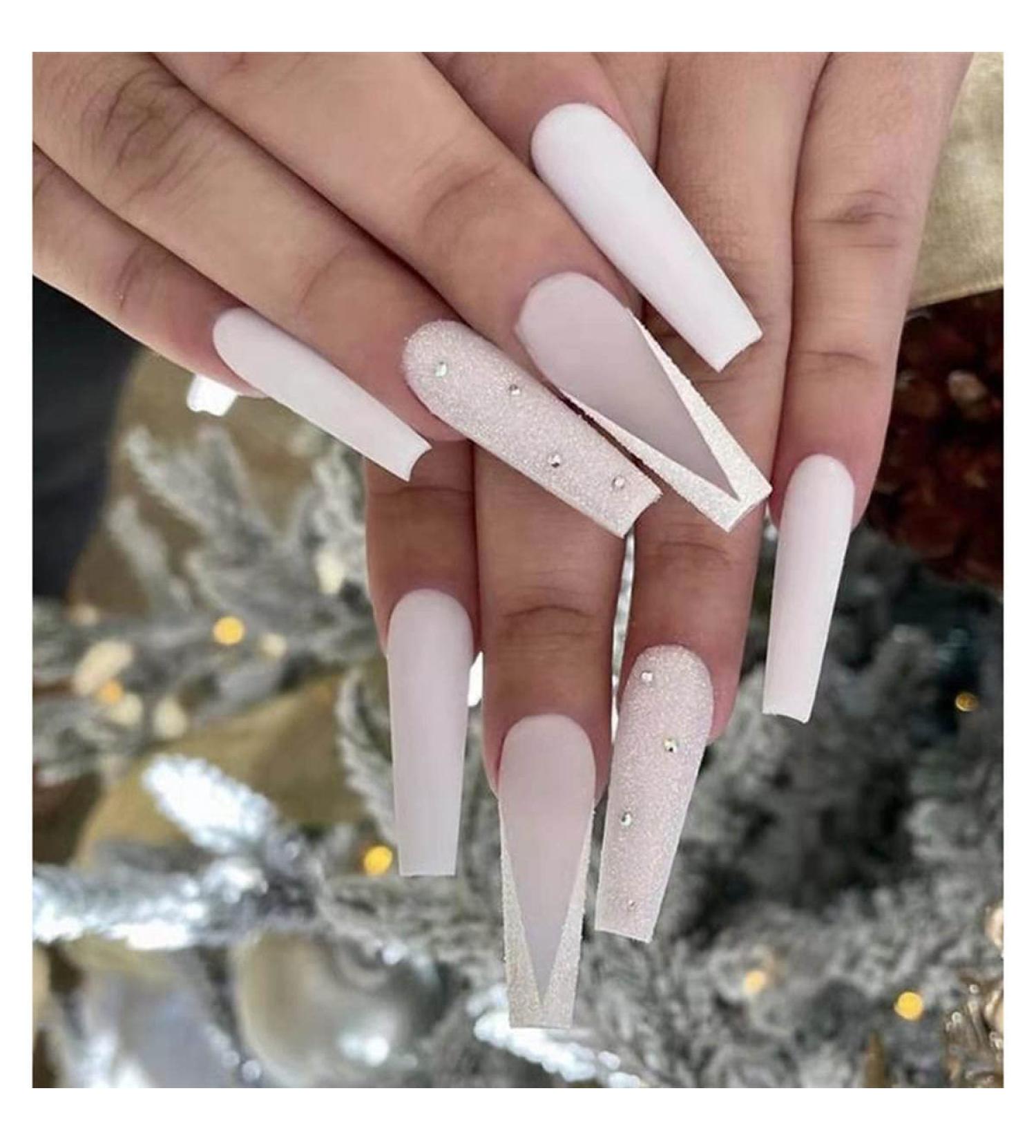 Bufenia French Coffin Ballerina Artificial Fingernails - 24 Translucent Matt Long Glitter Nails for Women & Girls - Easy Plug-in & Stick-On - Buy Online on GoSupps.com