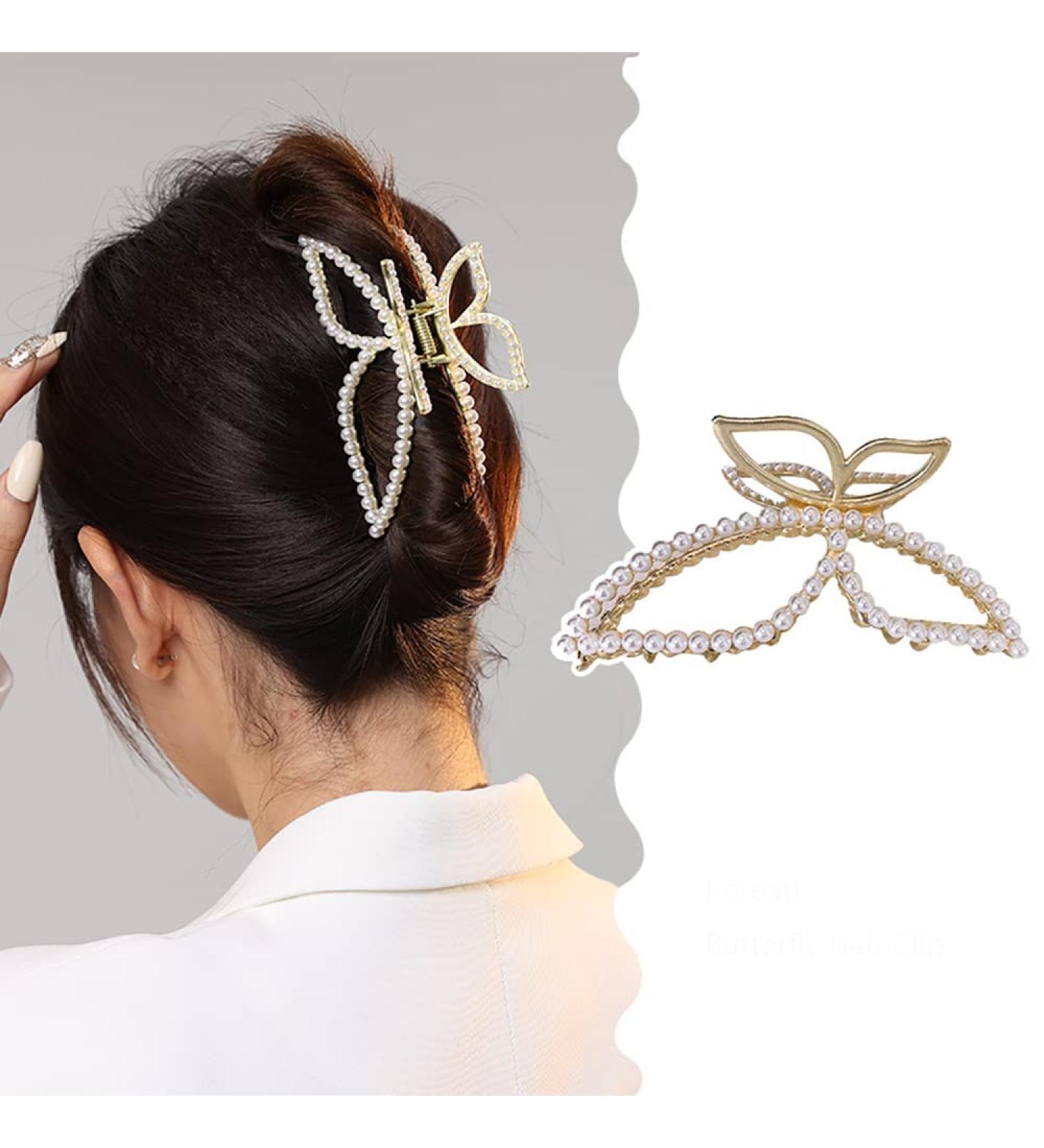 Metal Pearl Butterfly Hair Claw Clip with Rhinestones - Elegant Women's Hair Accessory - Buy Online on GoSupps.com