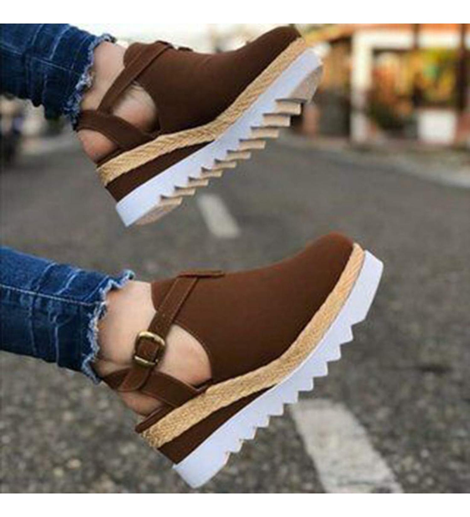 Shop Women's Wedge Heel Sandals - Stylish Outdoor Buckle Beach Shoes with Non-Slip Sole | Sexy Roman Muffin Design Comfort & Fashion - Buy Online on GoSupps.com