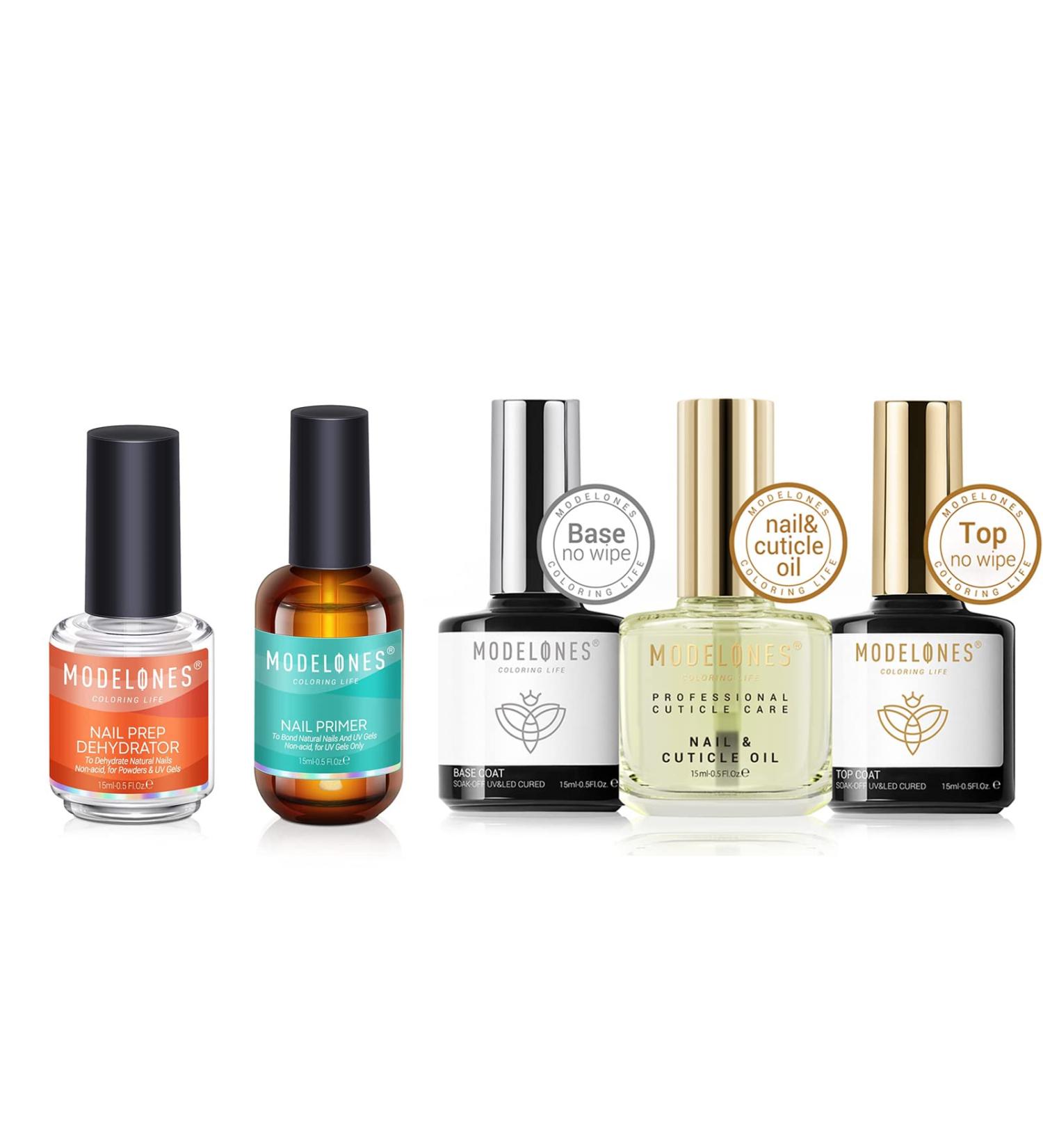 Modelones 5Pcs Nail Primer & Dehydrator Set with Base Top Coat, No Wipe Formula, and Cuticle Oil - Buy Online on GoSupps.com