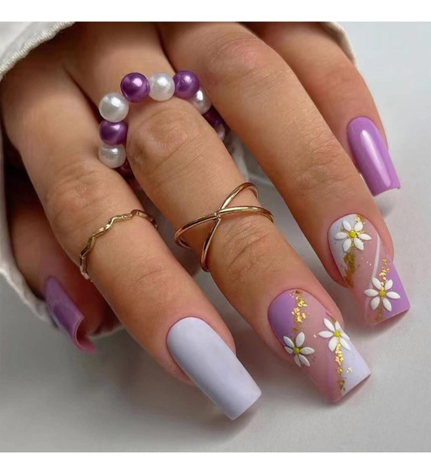 24pcs Square False Nails Blue Purple Daisy Flower Glitter Gold Press on Nails - Women Girls Nail Art Accessory - Buy Online on GoSupps.com