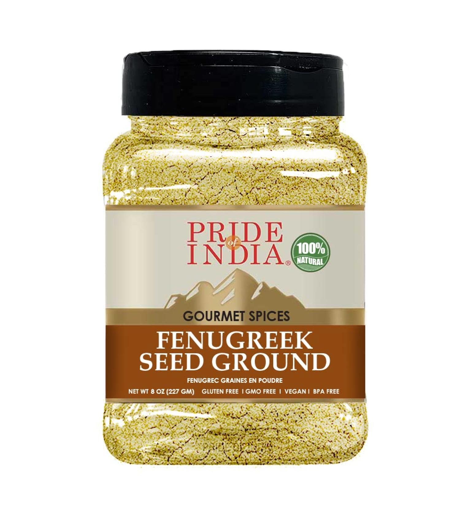 Pride of India Fenugreek Seed Ground 8 oz. - Gourmet Indian Spice for Cooking & Seasoning - Vegan, Gluten & GMO-Free - Buy Online on GoSupps.com