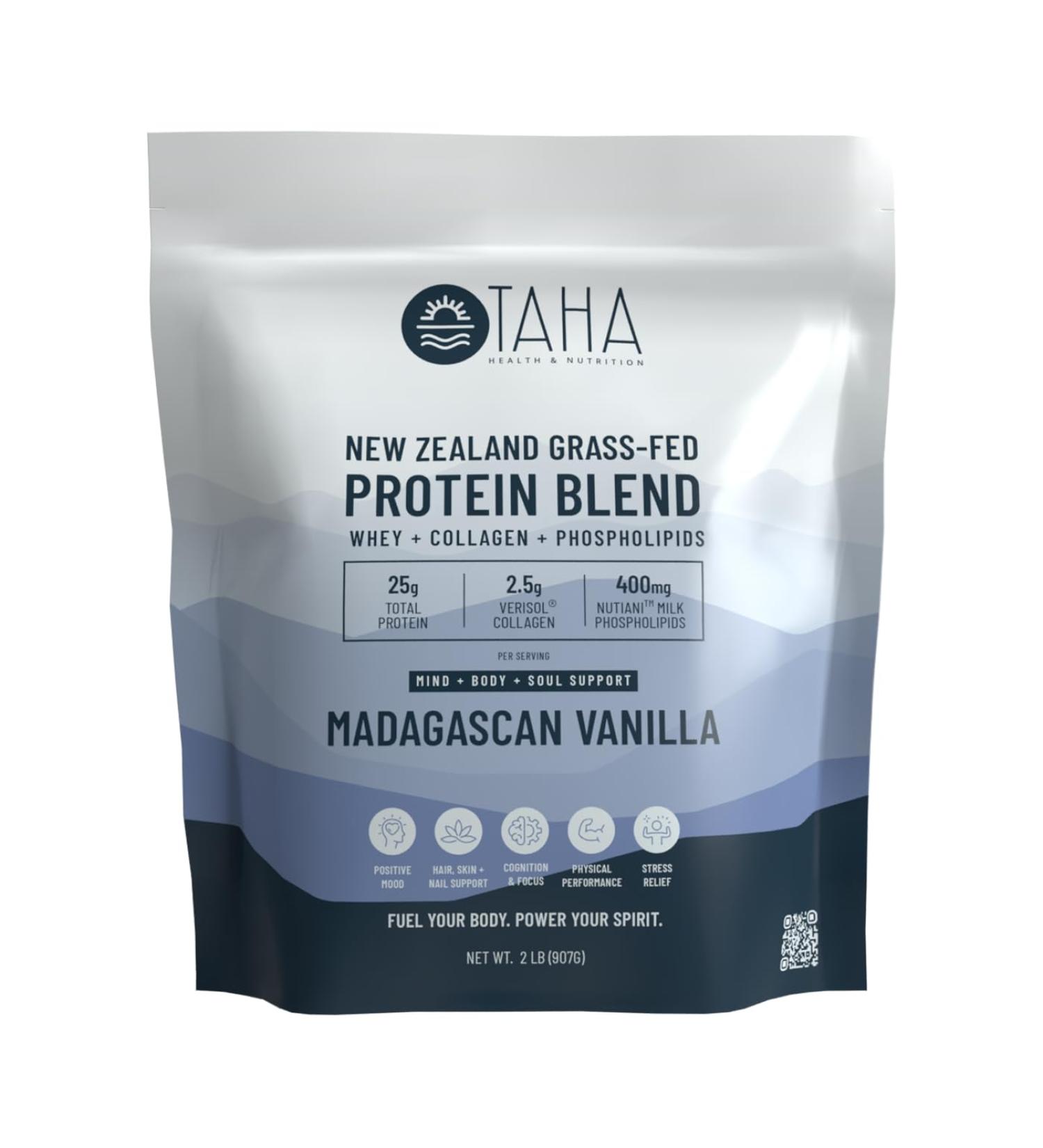 Taha Health & Nutrition Mind+Body+Soul Protein Blend - Madagascan Vanilla | 25g Protein from Grass-Fed Whey & Collagen | 400mg Milk Phospholipids | 2LB (Free-Range Dairy International Shipping - Buy Online on GoSupps.com
