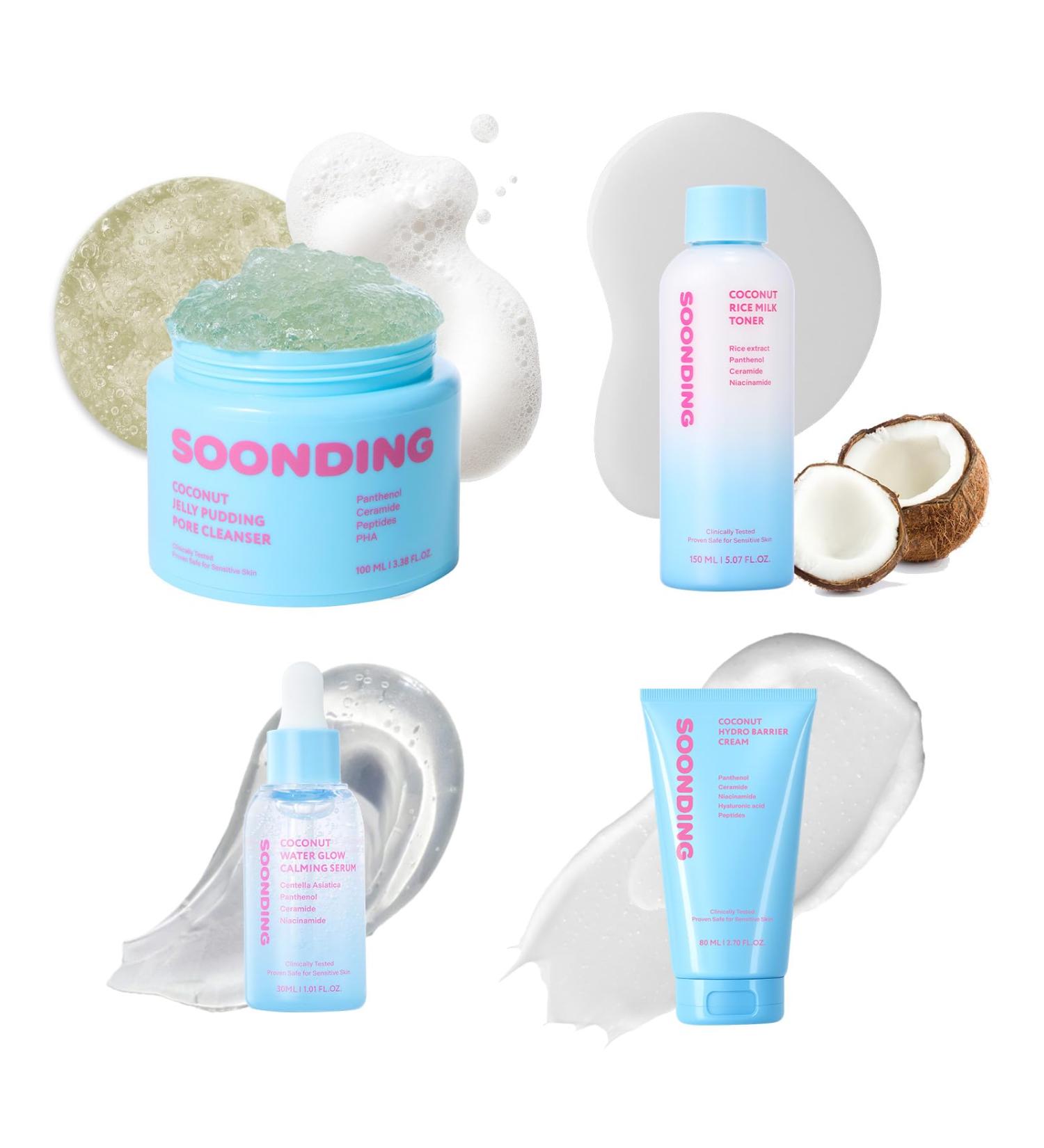 SOONDING 4 Step Coconut Glass Skin Full Korean Skincare Set Coconut Jelly Pudding Pore Cleanser Rice Milk Toner Water Glow Calming Serum Hydro Barrier - Buy Online on GoSupps.com