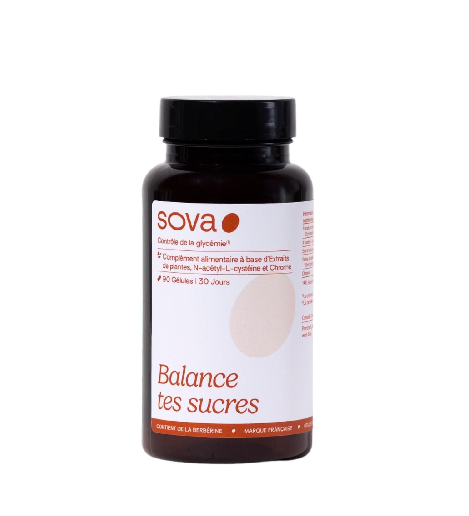 SOVA - Balance Your Sugars - Food Supplement - Blood Glucose Control - Based On Plant Extract N-Acetyl-L-Cysteine & Chromium - Made In France - 90 Capsules - Buy Online on GoSupps.com