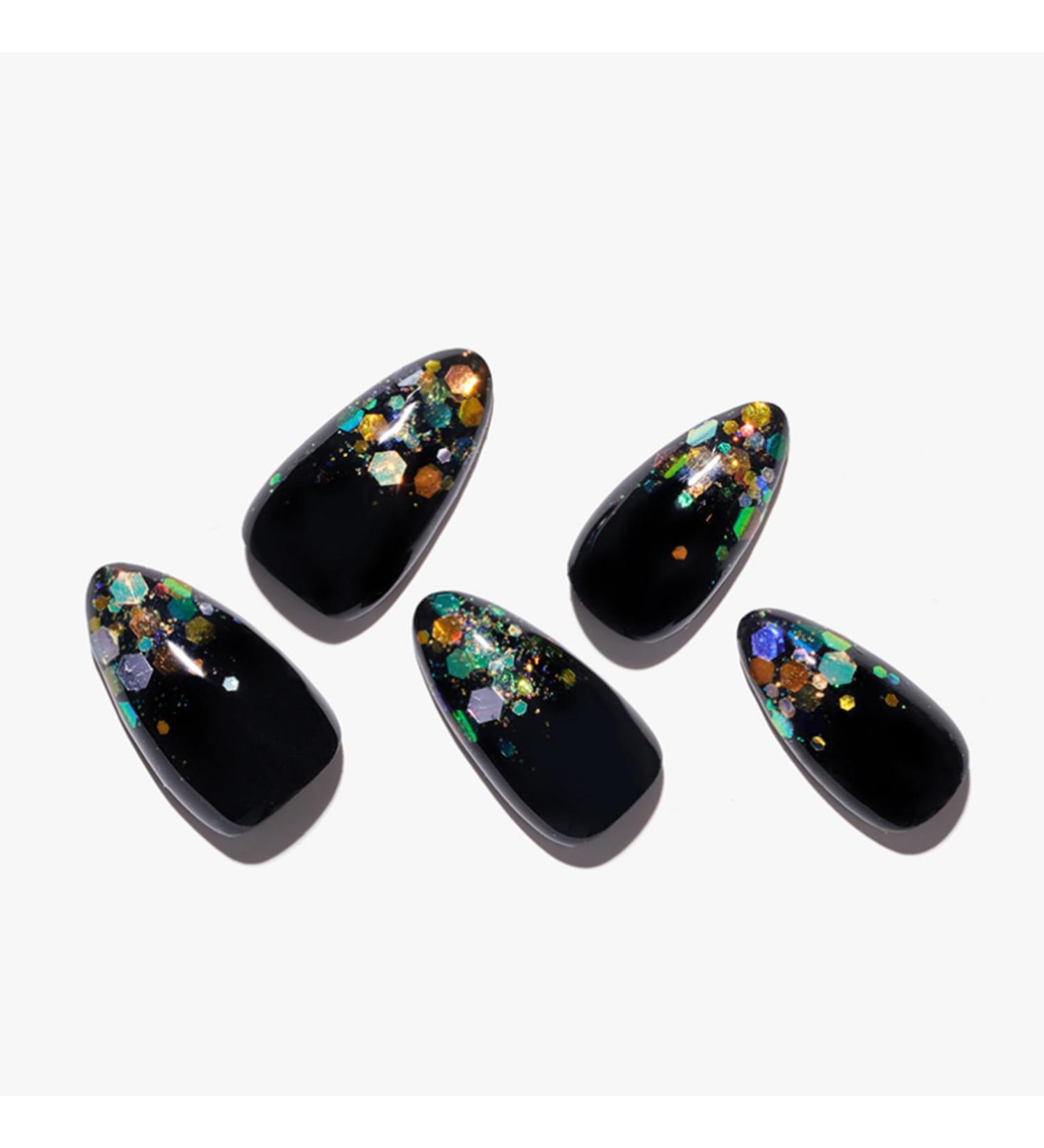 GLAMERMAID Medium Almond Press on Nails - Handmade Black Glitter False Nails with French Tips | Reusable Gel Glue Manicure Set for Women | International Shipping Available - Buy Online on GoSupps.com