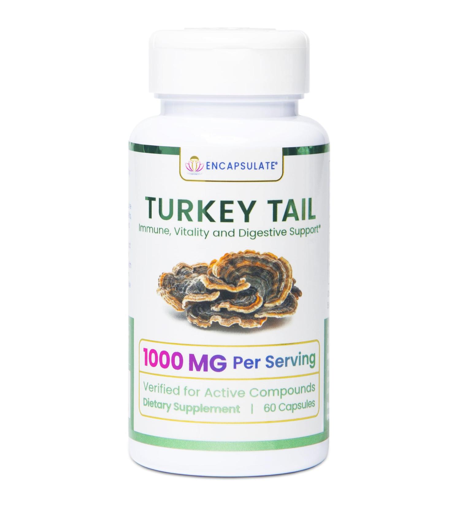 ENCAPSULATE Turkey Tail Capsules 1000mg Premium Organic Fruiting Body 1:1 Extract Adaptogen Mushroom Supplement for Digestive Gut & Immune Support Lab Tested & Max Bioavailability 60 Count - Buy Online on GoSupps.com