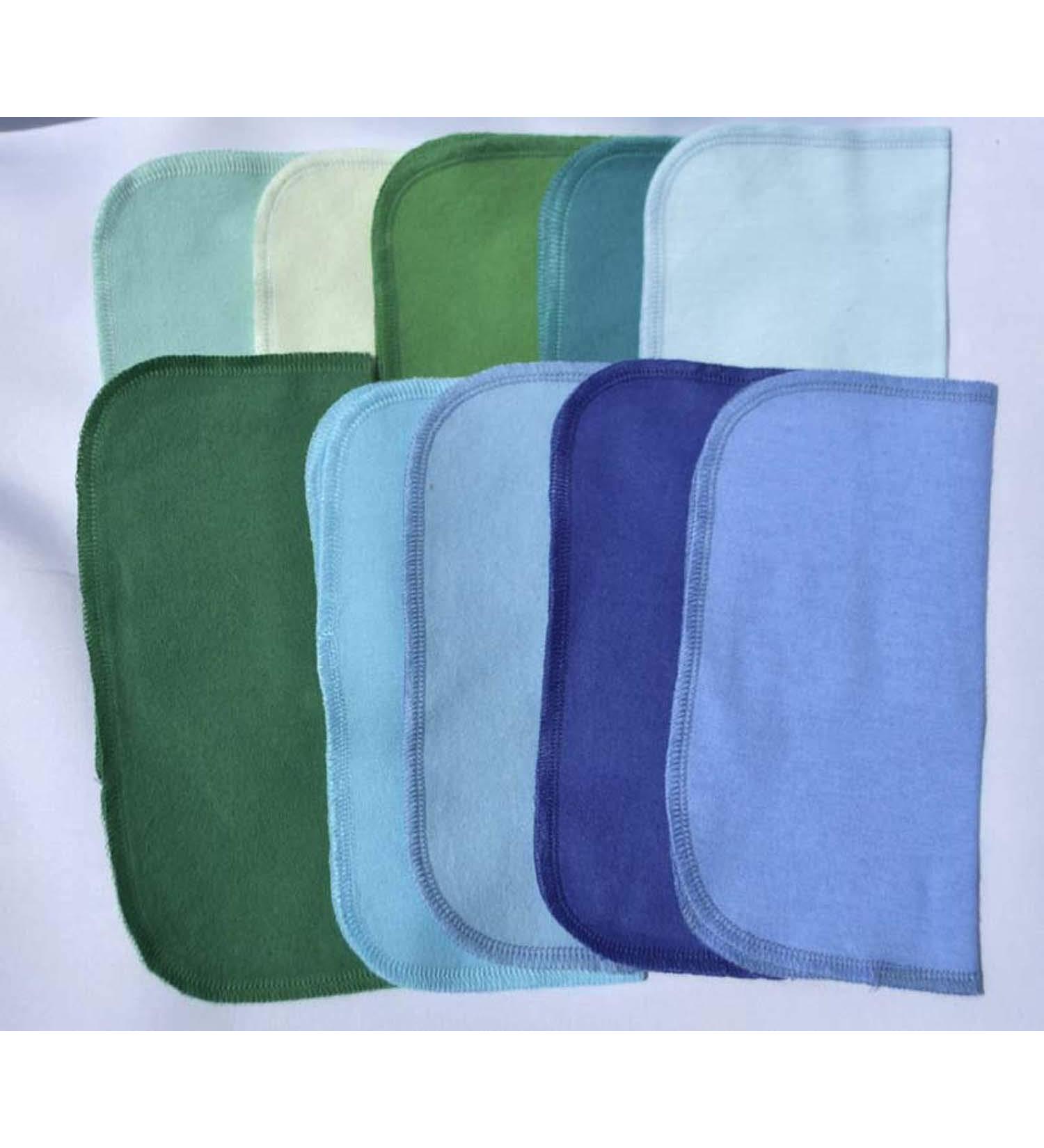 1 Ply Solid Color Flannel 8x8 Inches Little Wipes Set of 10 Assorted Blues and Greens